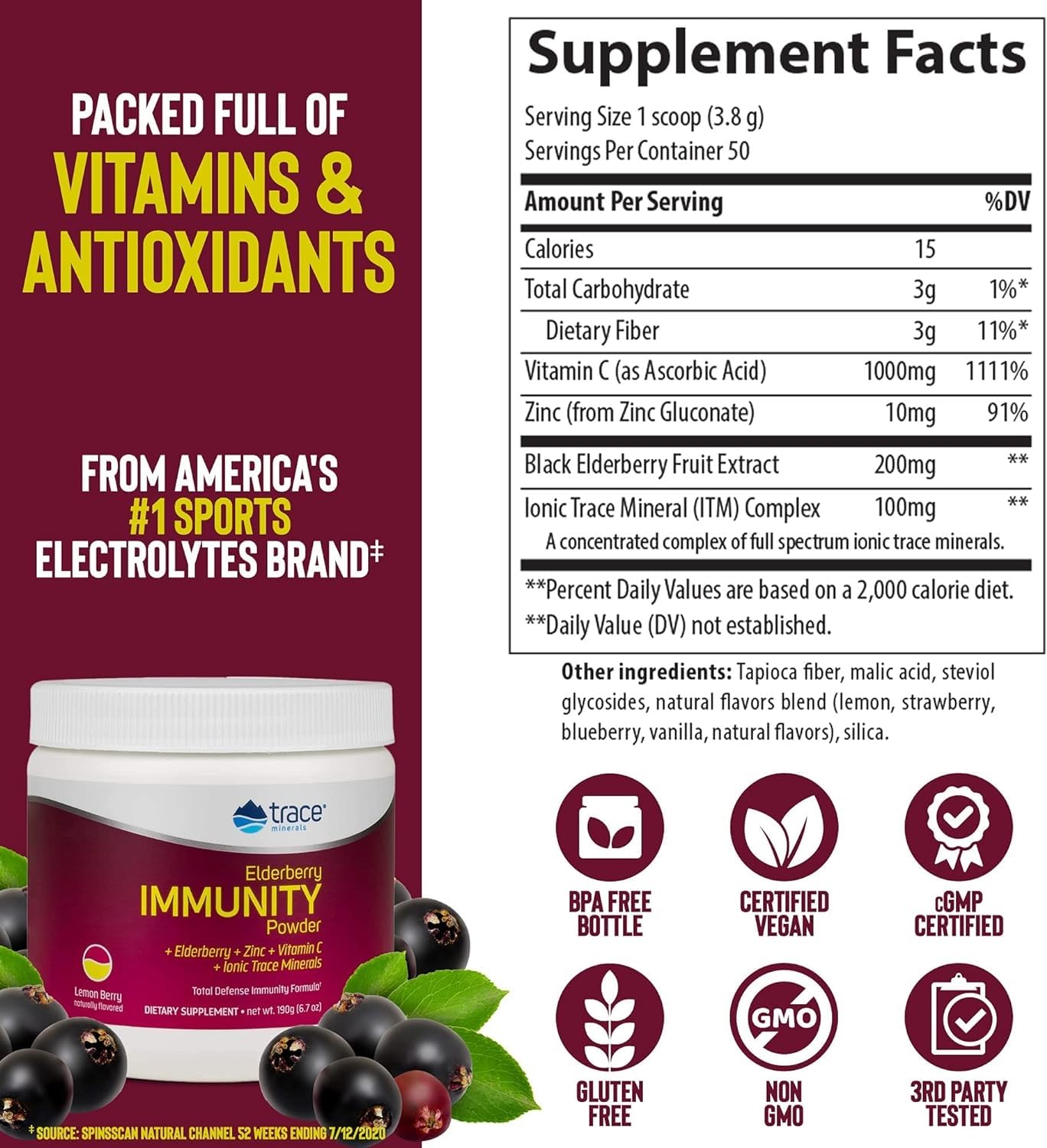 Trace Minerals Immunité : vitamine C 1000 mg par portion pour l'énergie et les défenses.