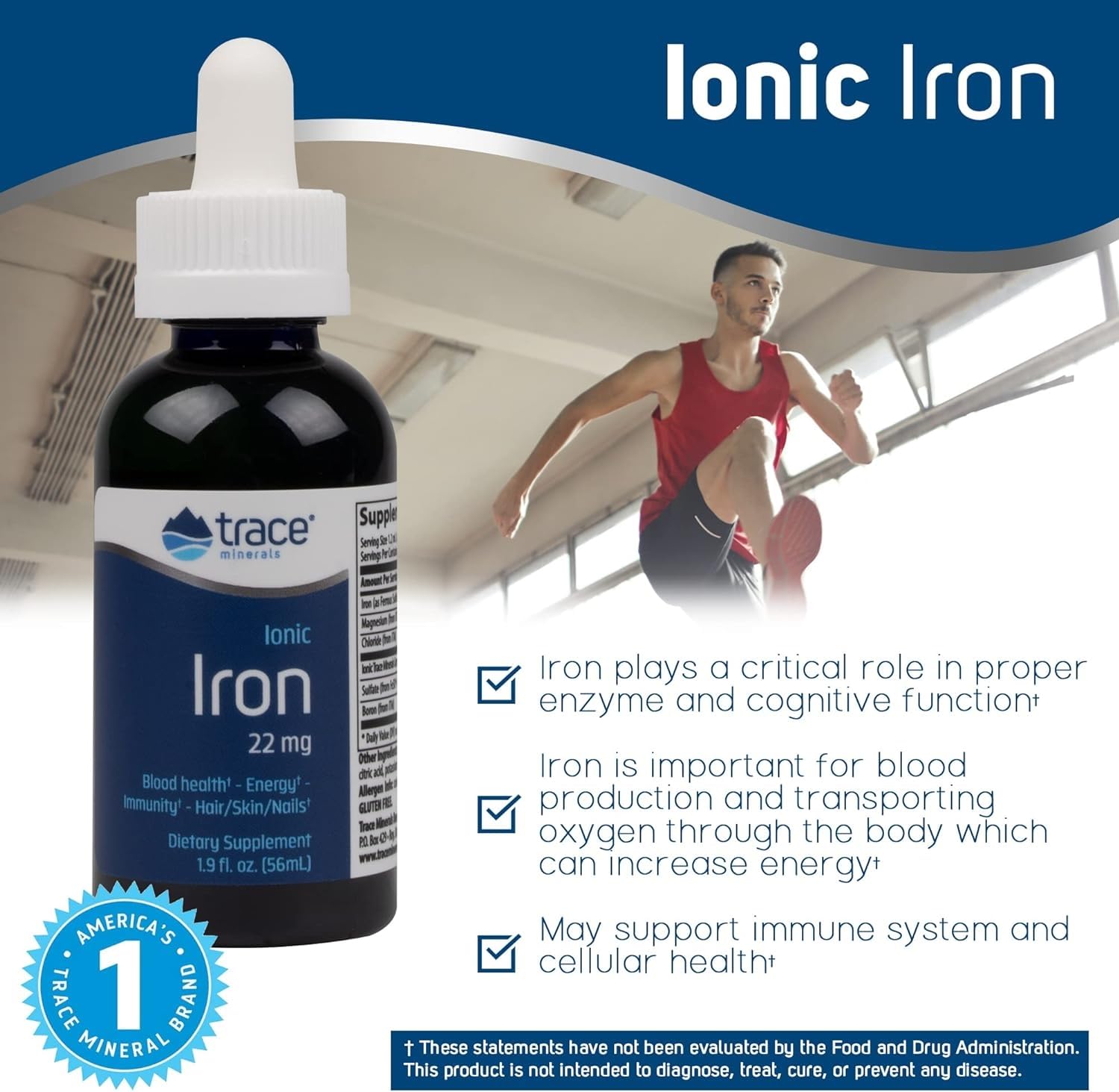 Trace Minerals Ionic Iron – doseur inclus pour administrer la dose recommandée.