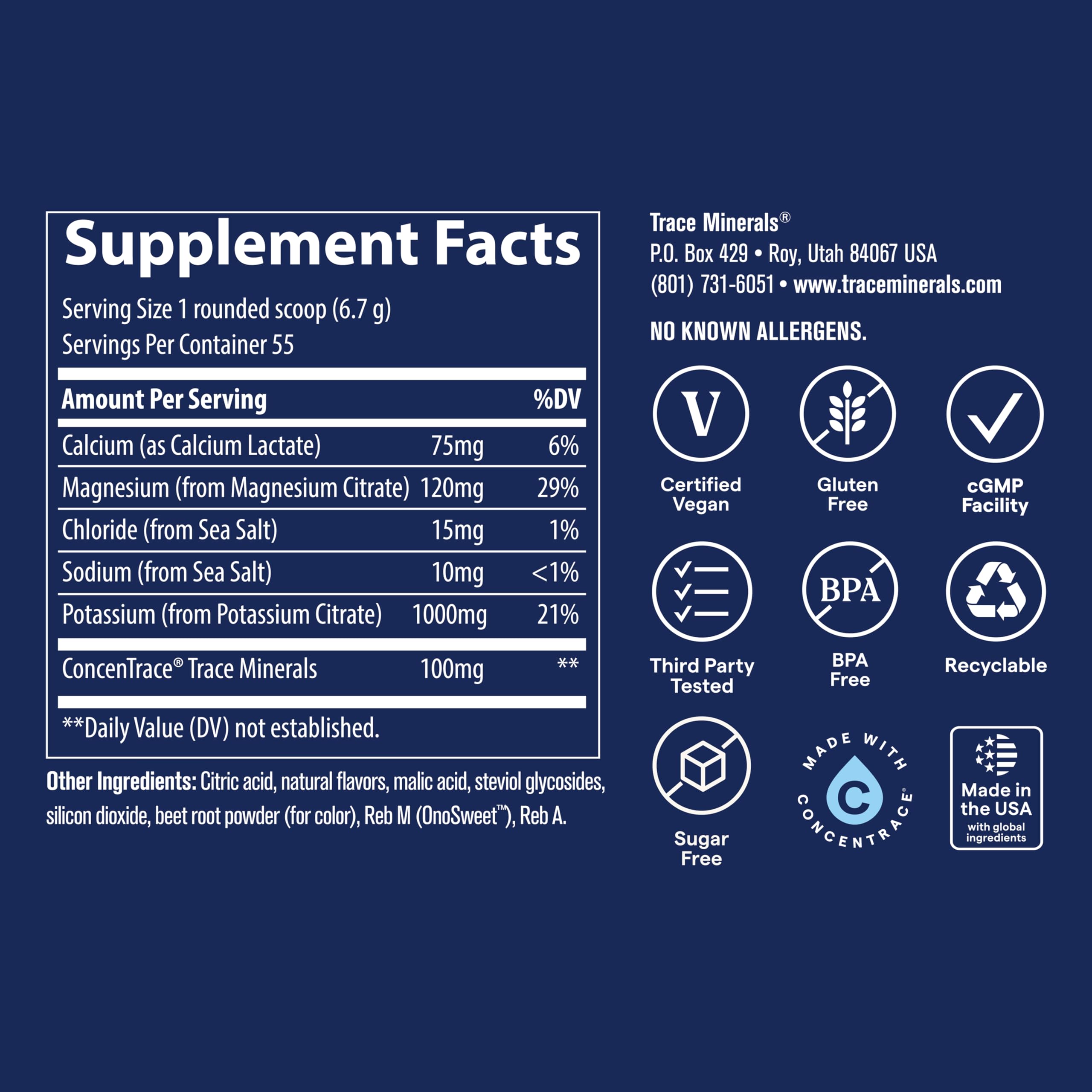 Trace Minerals Keto Electrolyte etiquette-zero-sugar: sans sucre et sans gluten.