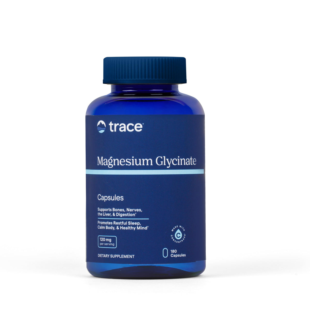 Trace Minerals Magnésium Glycinate – bouteille, soutien potentiel au calme et au sommeil.