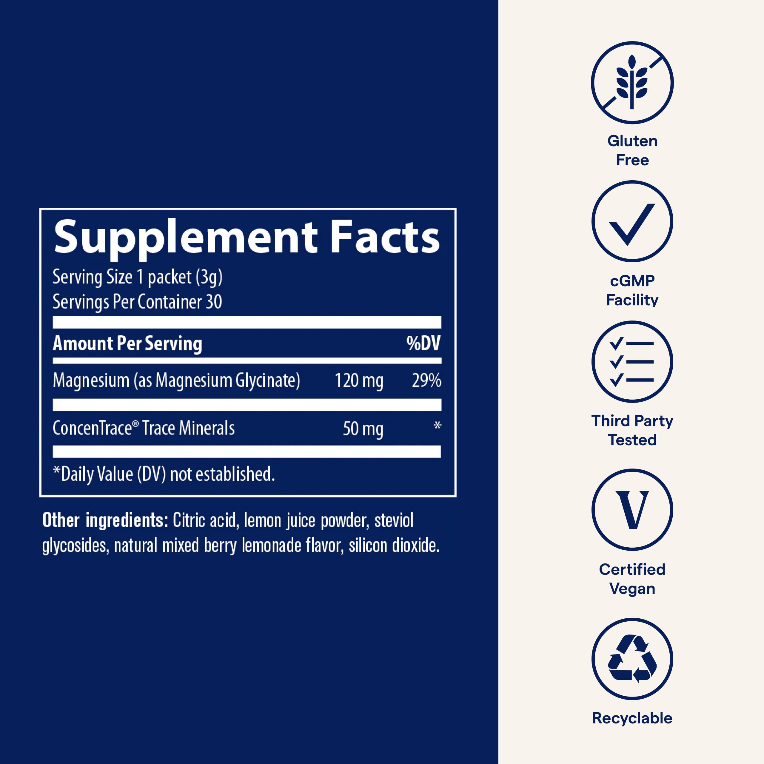 Trace Minerals Magnesium Glycinate, sachets-doseurs, praticité en déplacement pour une prise facile.