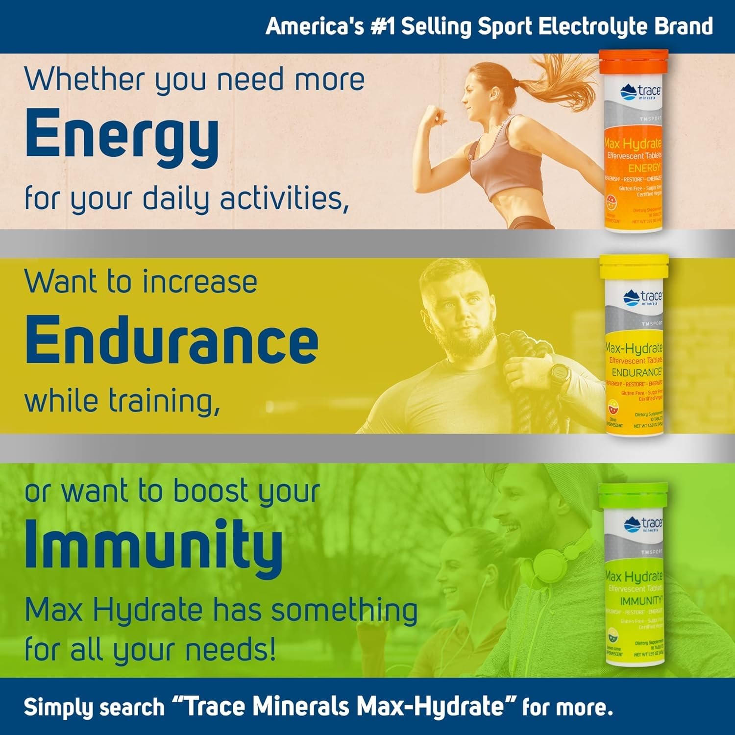 Boisson citron-lime Trace Minerals Max-Hydrate Immunity, goût frais et soutien hydratation.