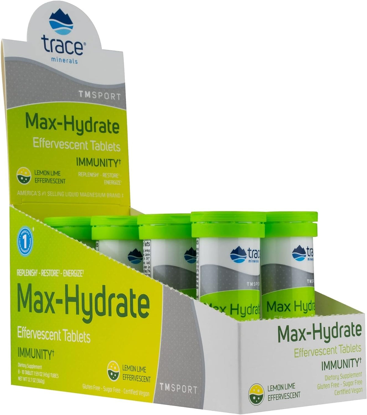 Trace Minerals Max-Hydrate Immunity s'effervesce dans un verre, hydratation rafraîchissante.