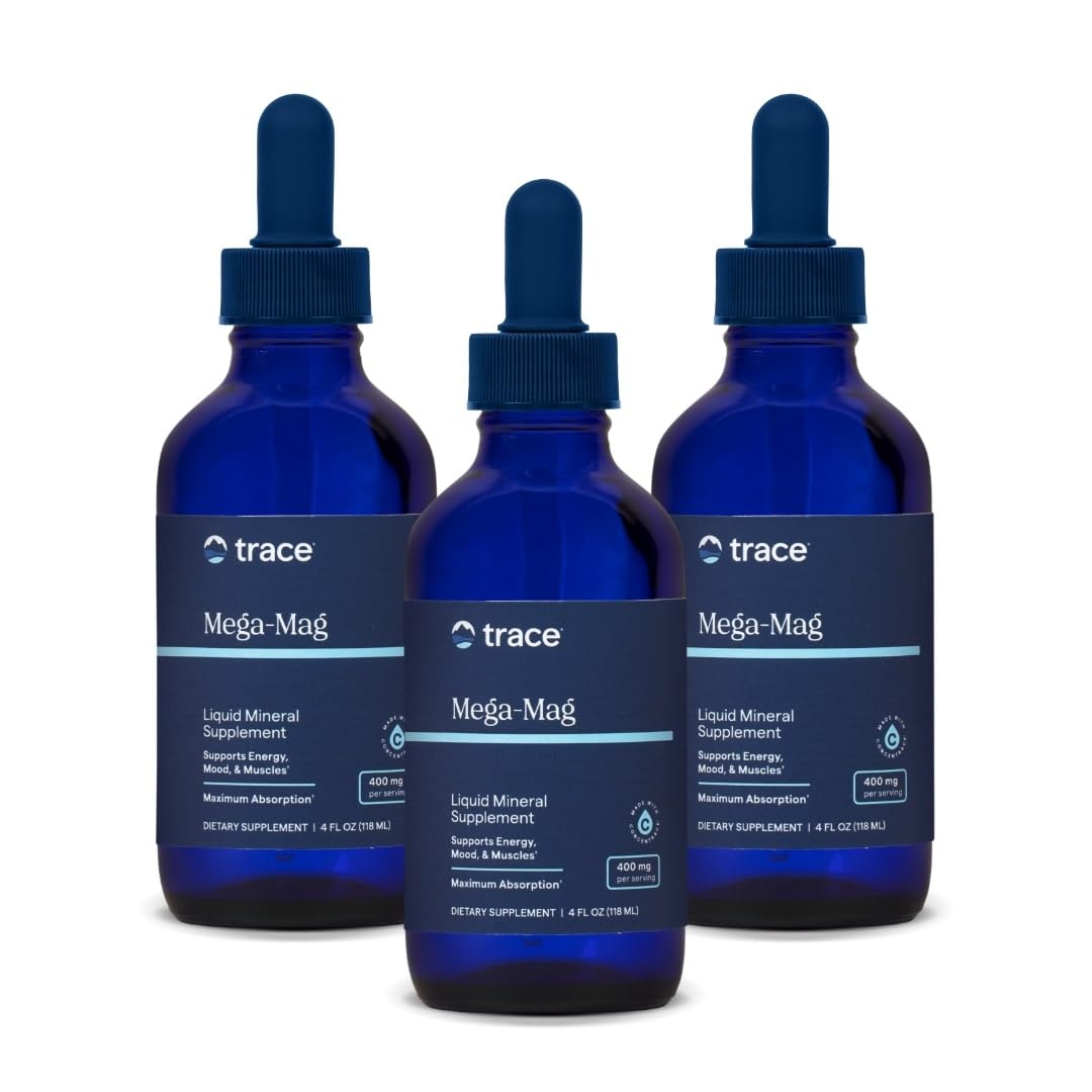 Trace Minerals Mega-Mag, bouteille de gouttes indiquant utilisation quotidienne pour énergie et muscles.