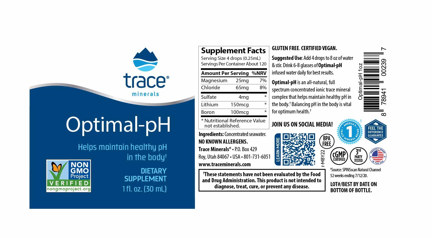 Trace Minerals Optimal pH - solution végan et sans arôme pour boire facilement