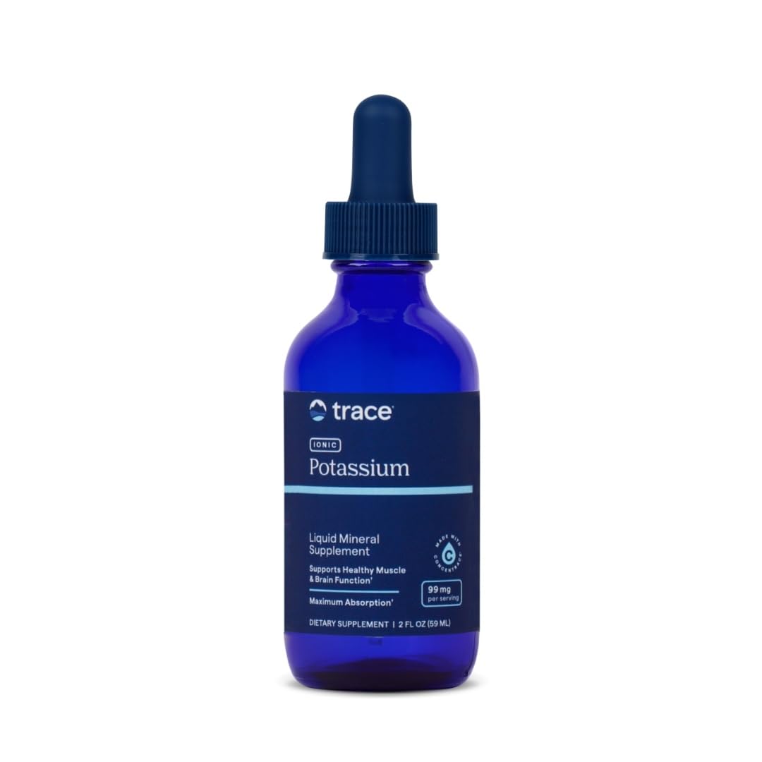 Trace Minerals Potassium ionique en bouteille, apport potentiel pour l'équilibre électrolytique.