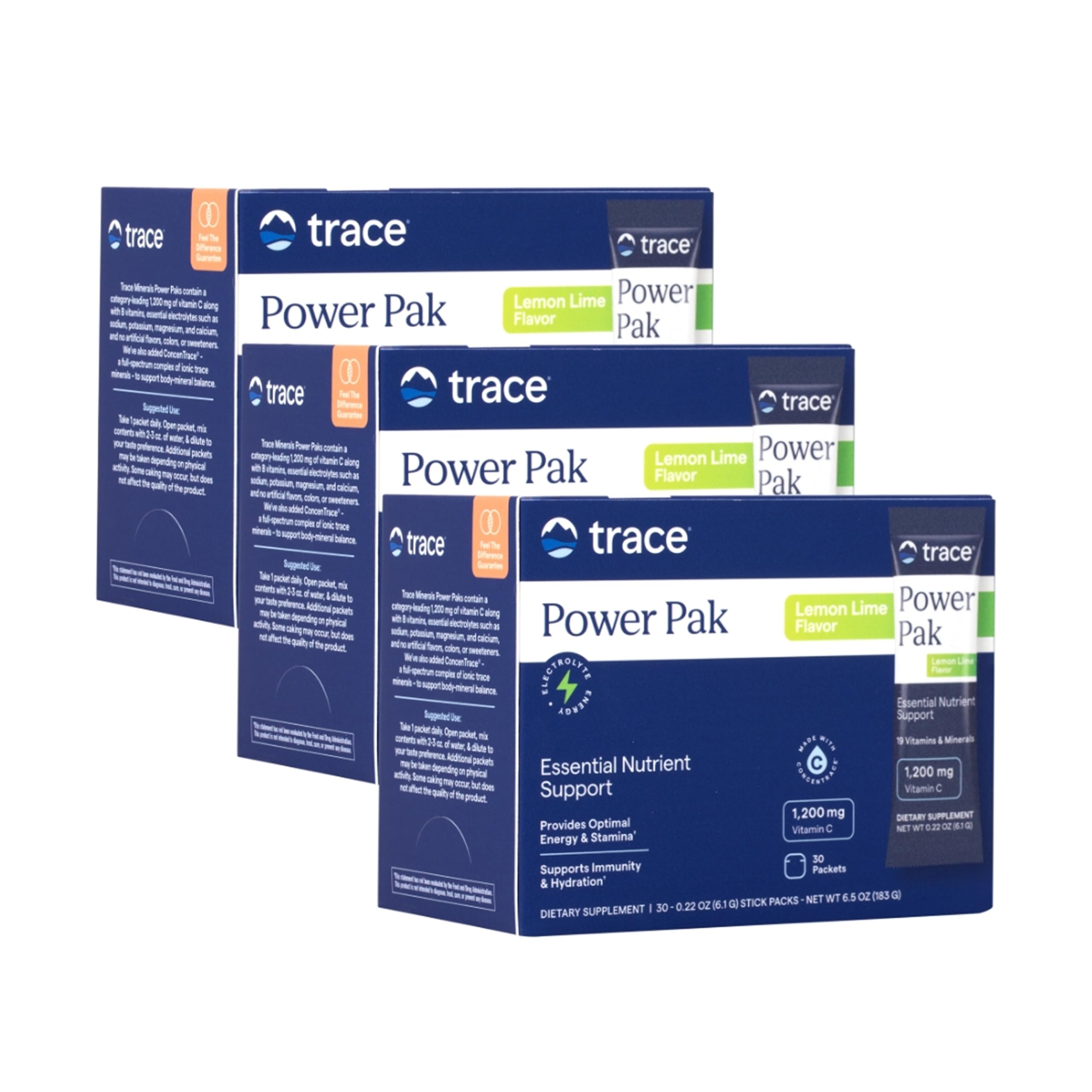 Trace Minerals Power Pak — poudre citron-lime, boisson riche en minéraux essentiels.