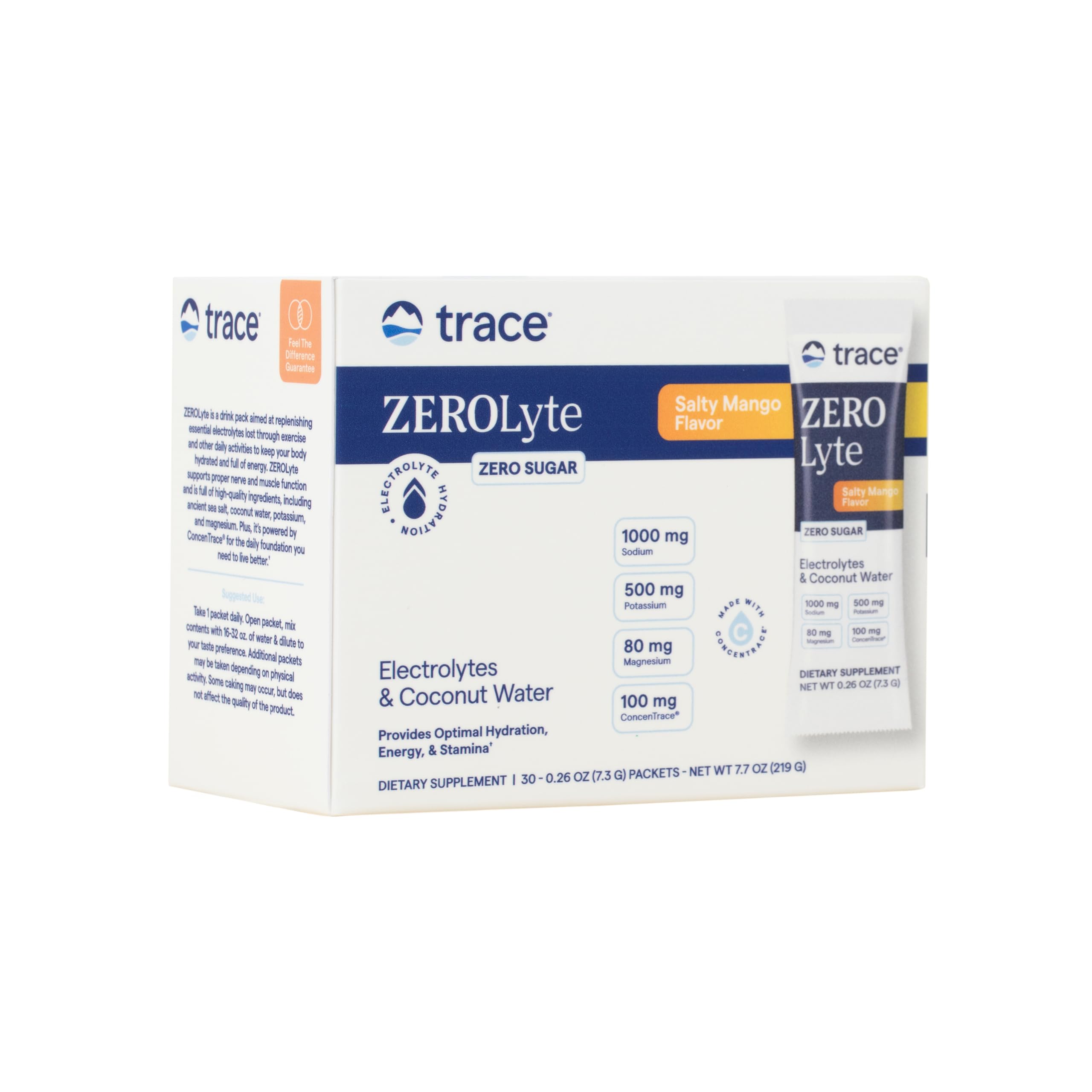 Trace Minerals ZeroLyte, bouteille mangue salee, hydratation pratique lors du sport.