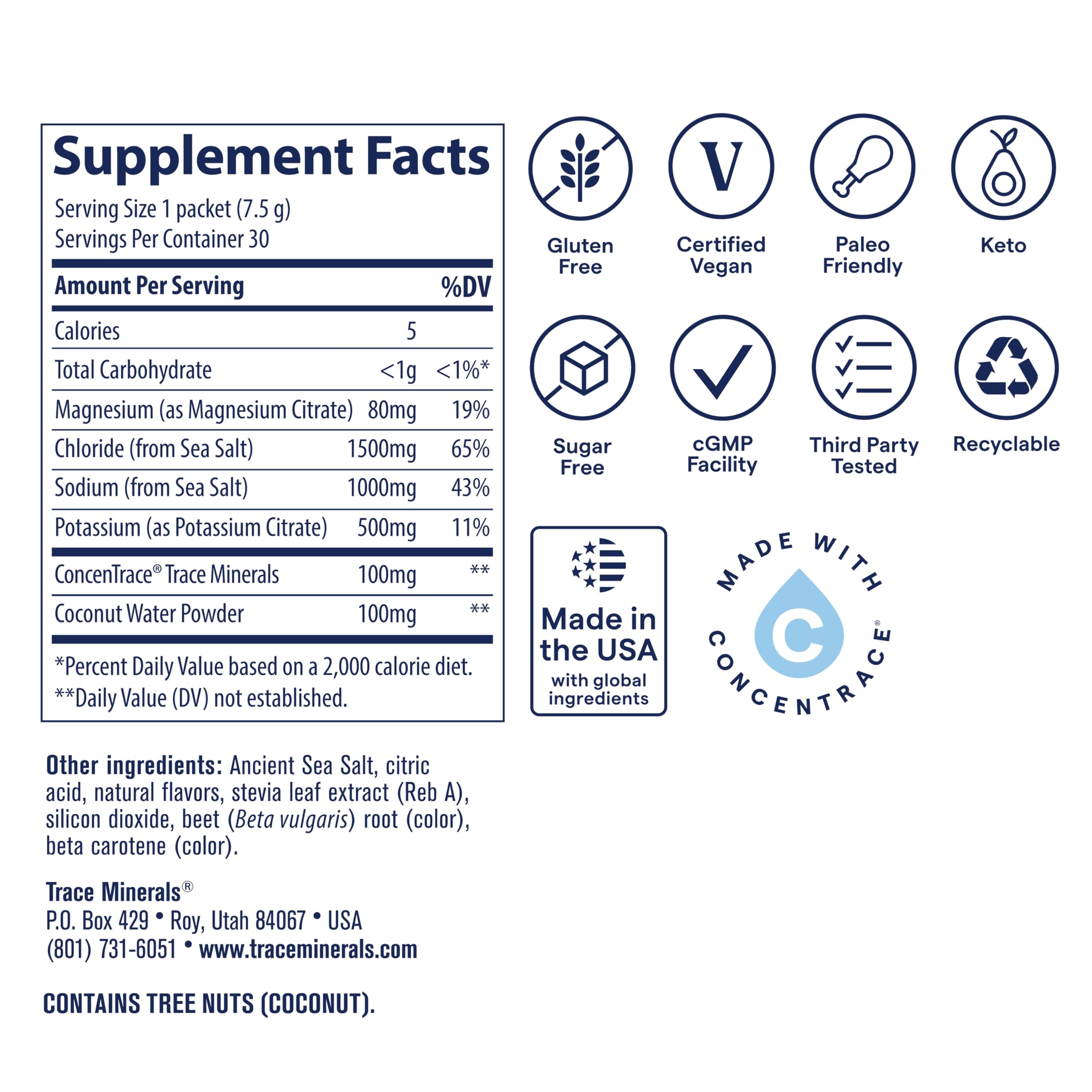 Trace Minerals ZeroLyte bouteille boisson sans sucre au goût tropical.