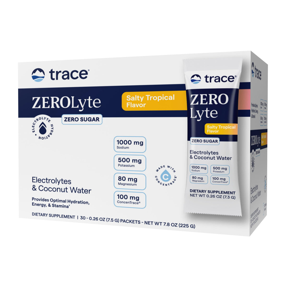 Trace Minerals ZeroLyte sachet saveur tropicale pour hydratation nomade.