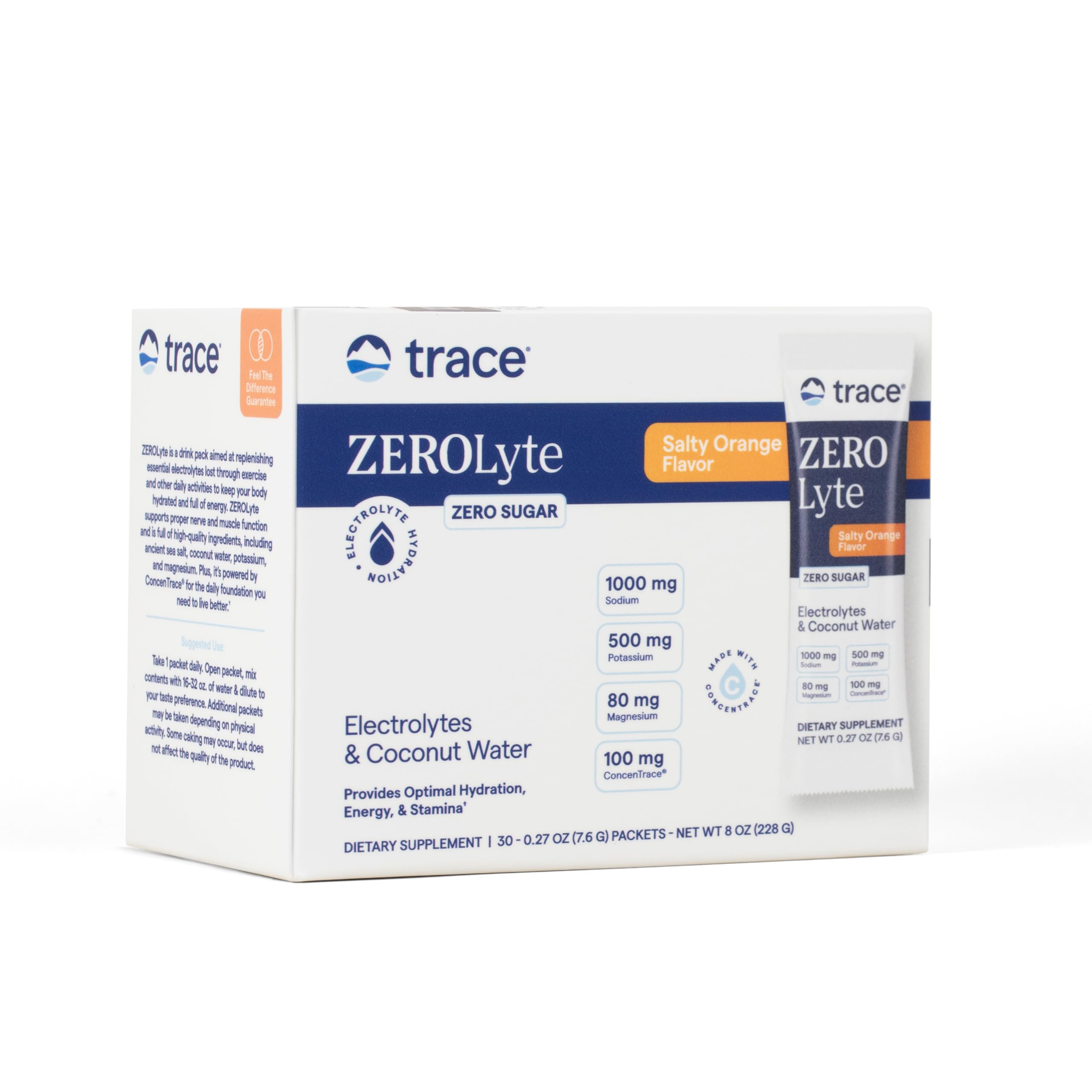 Trace Minerals ZeroLyte sachets orange sale: hydratation rapide sans sucre.