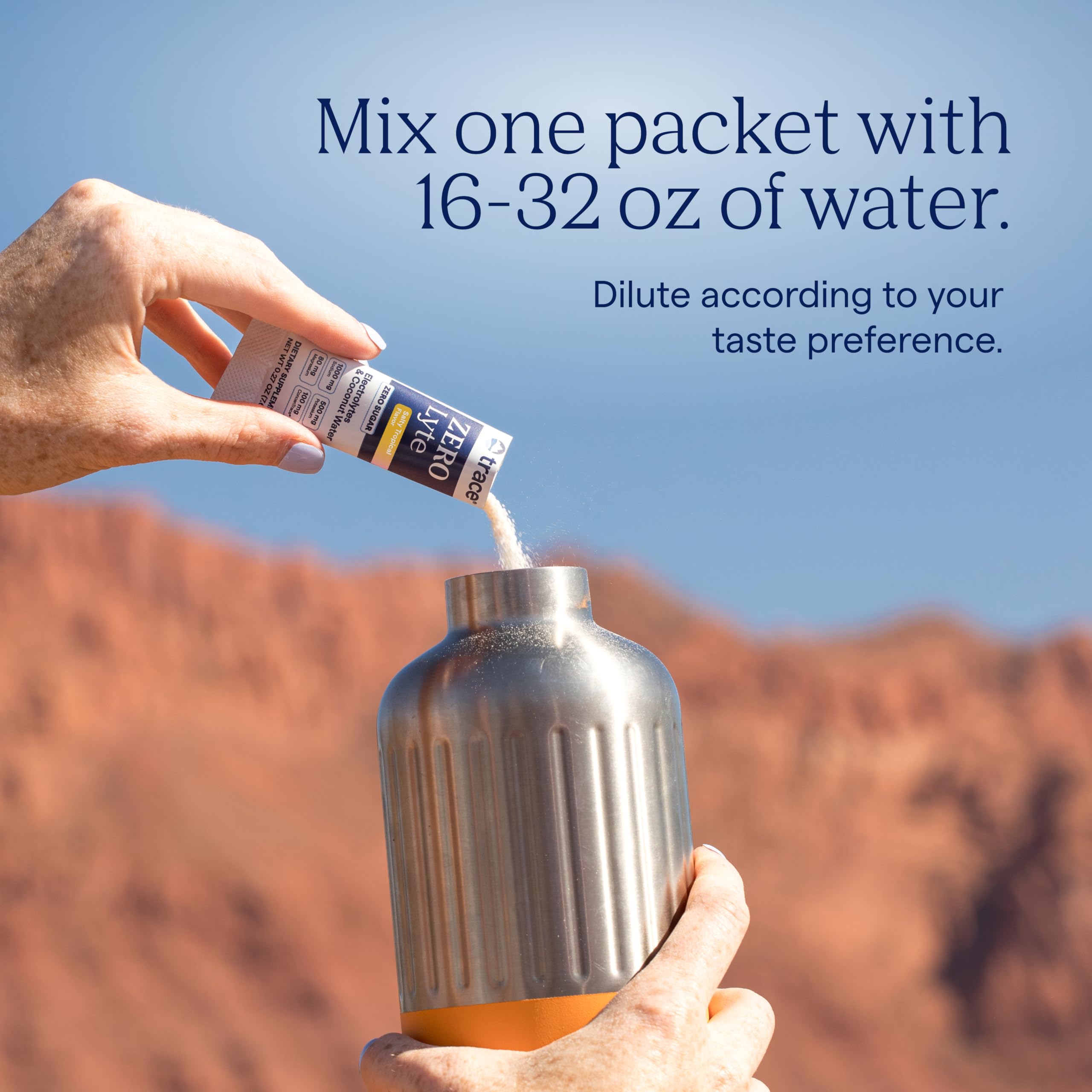 Trace Minerals ZeroLyte verre avec poudre se dissolvant rapidement.