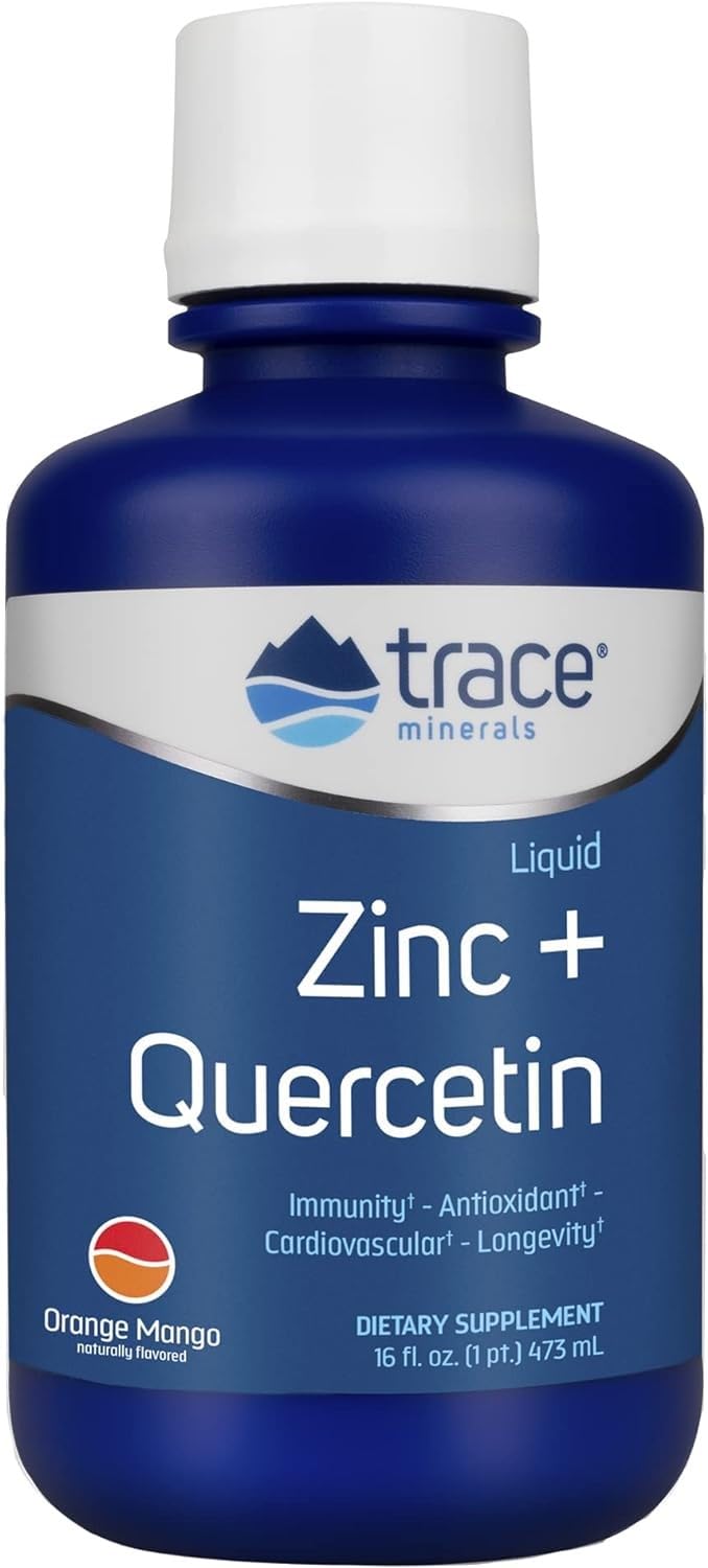 Trace Minerals Zinc Quercetine – bouteille orange-mangue, soutien immunitaire potentiel et digestion.