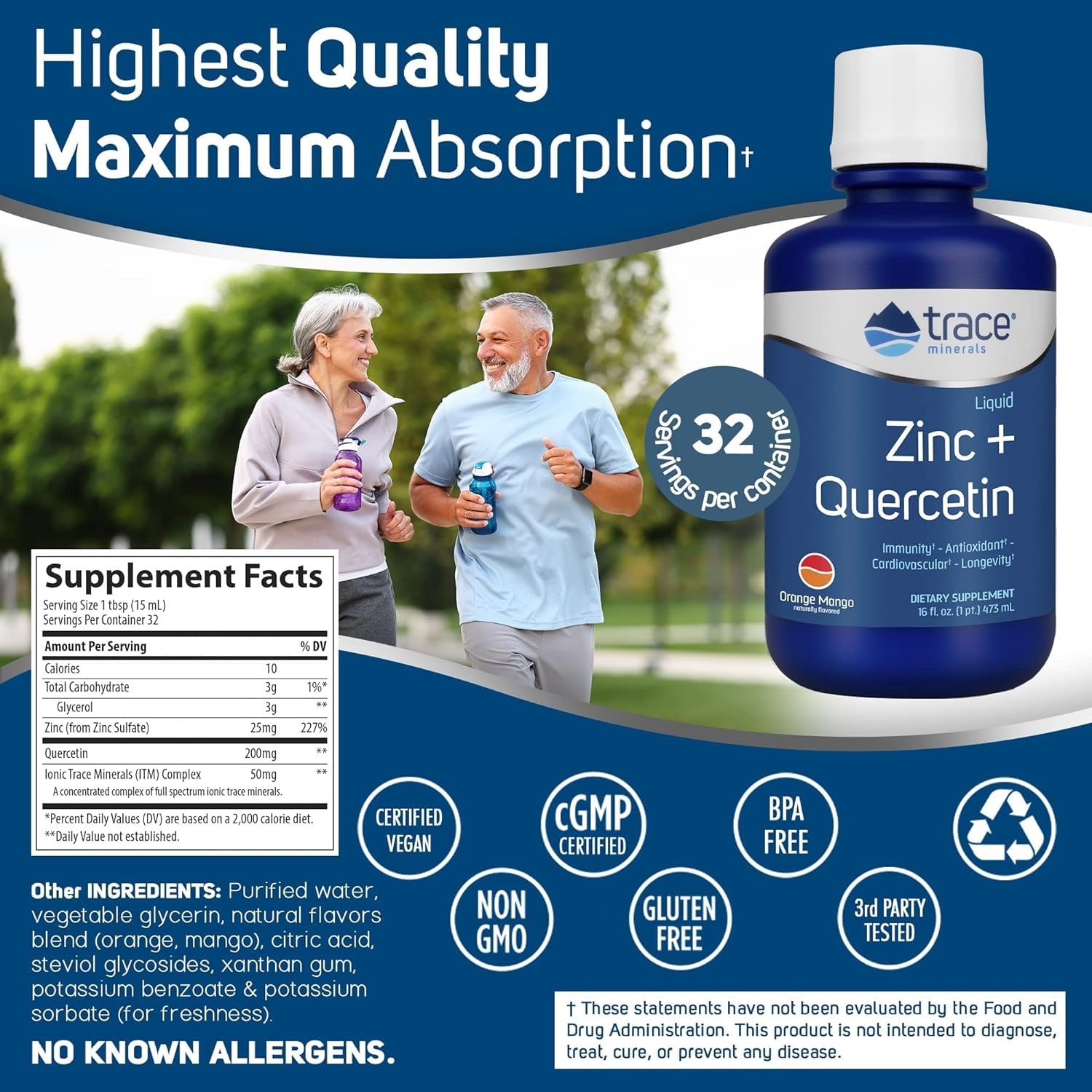 Trace Minerals Zinc Quercetine – doseur-cuillère, prise quotidienne après repas.