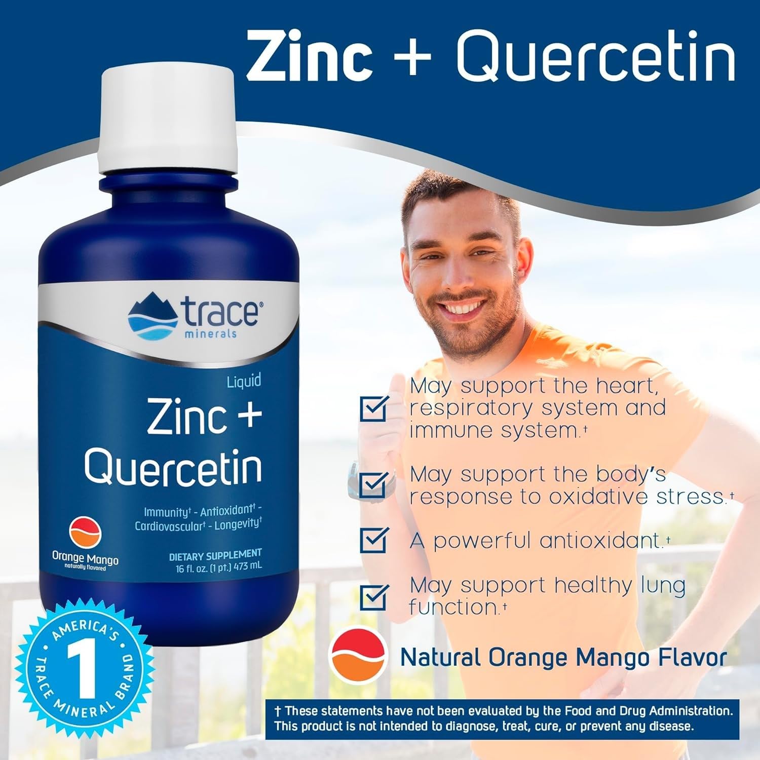 Trace Minerals Zinc Quercetine – verre eau, mélange rapide au goût fruité orange-mangue.