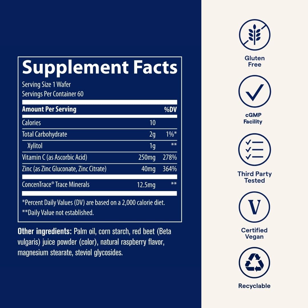 Trace Minerals Zinc + Vitamin C, utilisation quotidienne recommandée pour adultes et enfants.