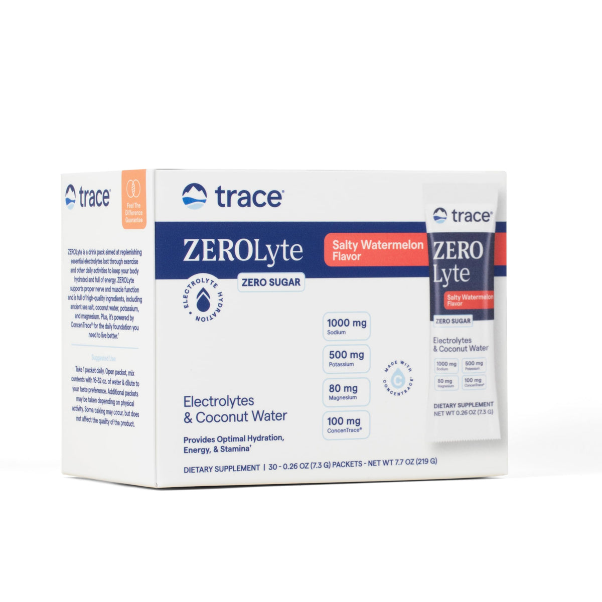 Trace Minerals ZeroLyte sachet-dose saveur pasteque salee, pratique en déplacement.
