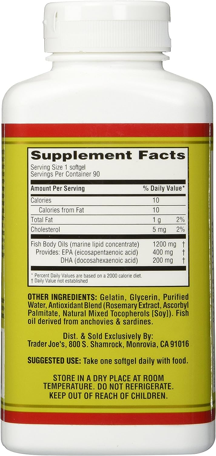 Capsule Trader Joe's Omega-3 près de l'étiquette, contrôle du dosage.
