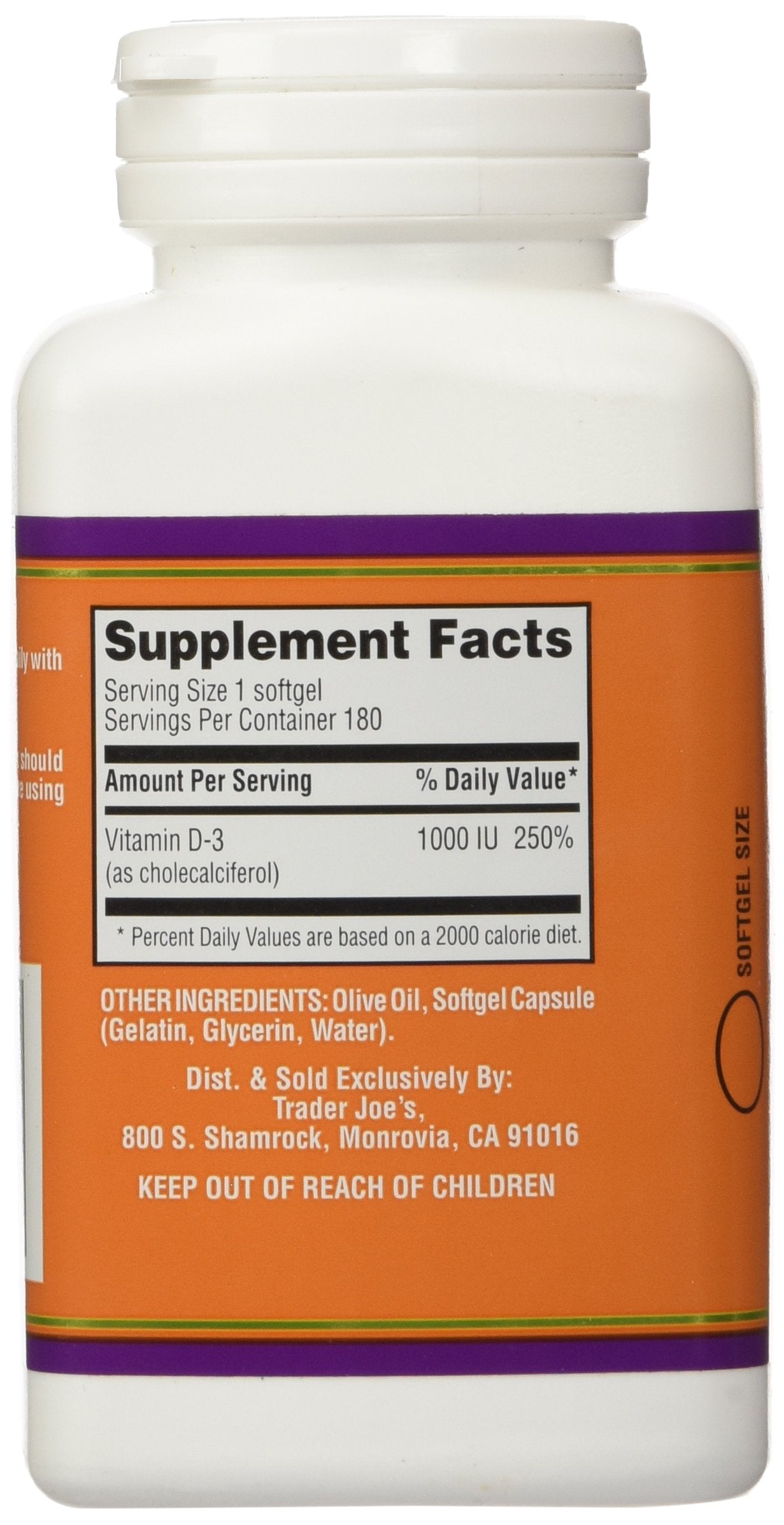 Trader Joe's Vitamine D3 1000iu, huile de lin comme véhicule, absorption possible.