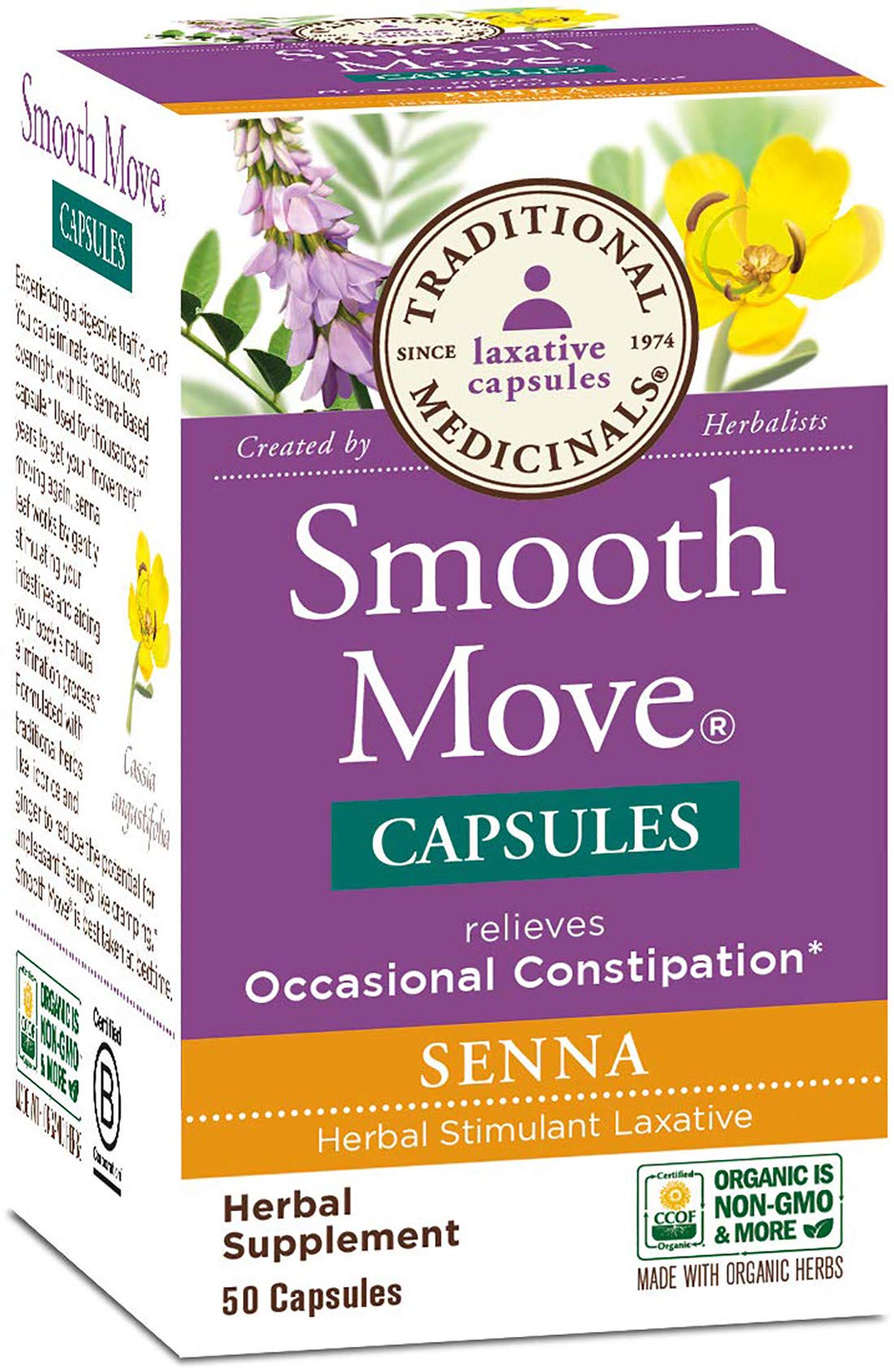Smooth Move de Traditional Medicinals, flacon de gélules sénna, soutien digestif naturel.