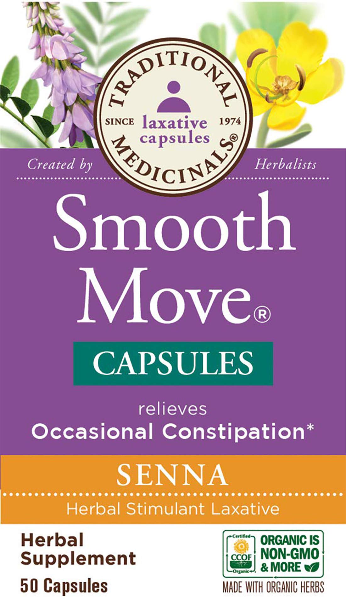 Étiquette Traditional Medicinals Smooth Move montrant des ingrédients biologiques.