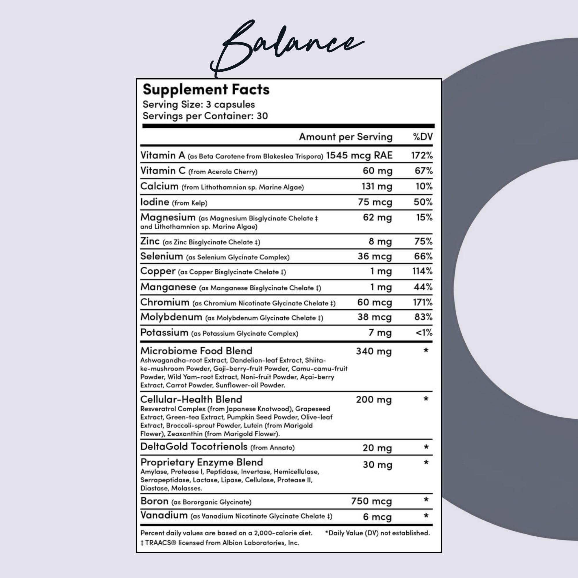 Emballage Tranont Balance végétarien et sans gluten, design élégant.