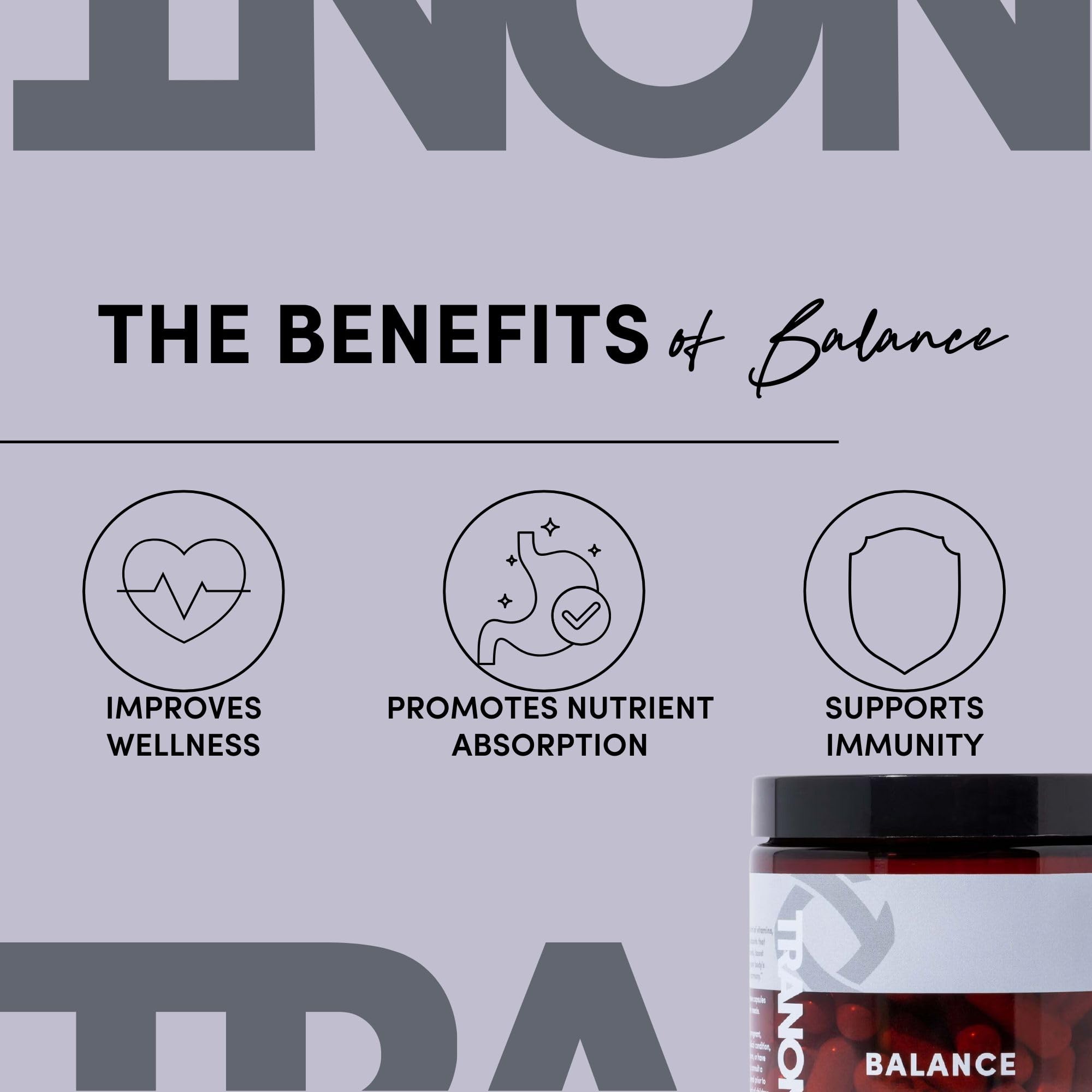 Étiquette Tranont Balance montrant les ingrédients clés et nutriments.