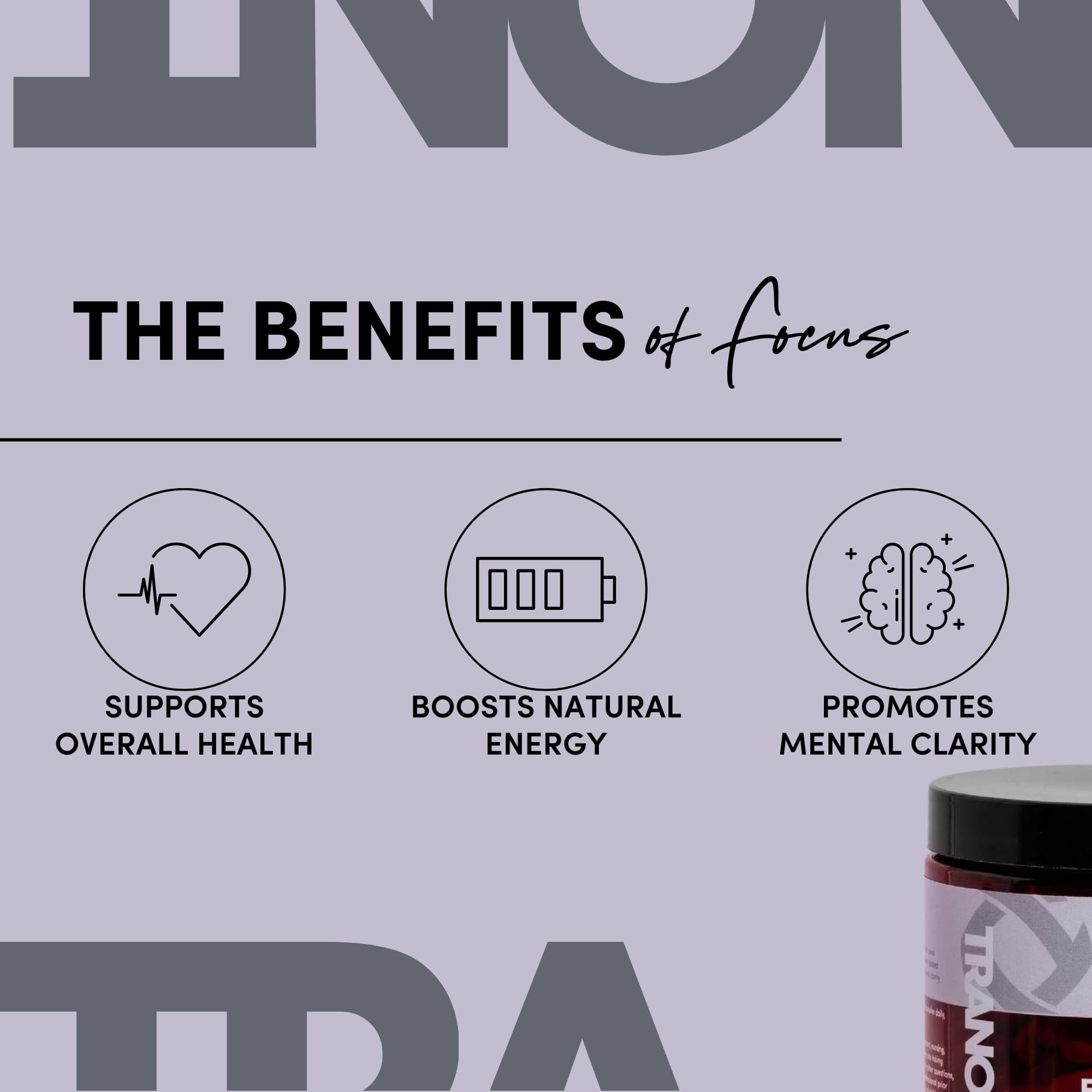 Capsules Tranont Focus Vitamin B Complex prêtes à être avalées pour une énergie durable.