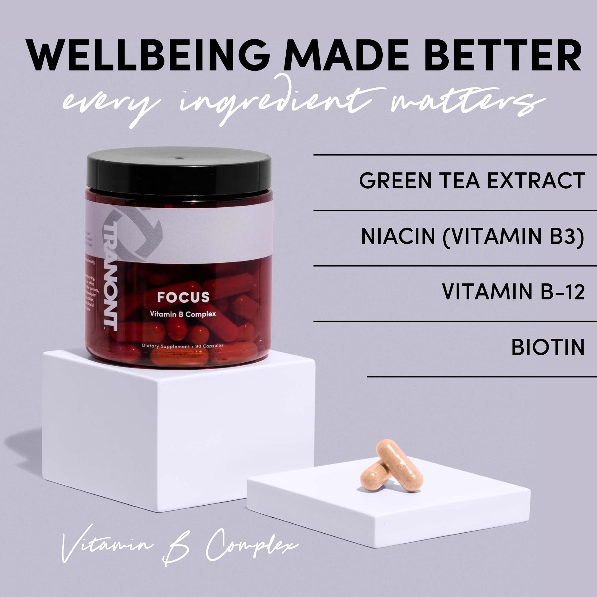 Étiquette Tranont Focus Vitamin B Complex montrant les ingrédients et l'usage recommandé.