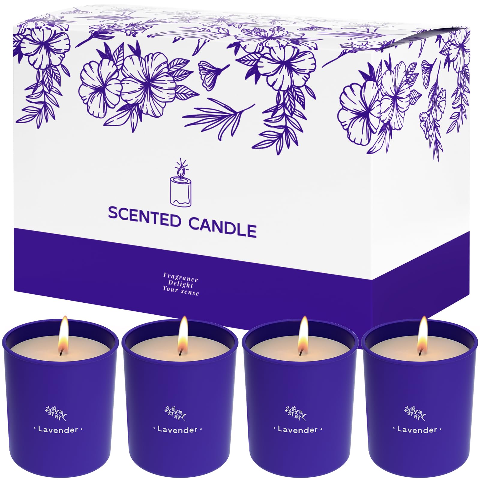 Bougie TranquilBliss Lavande dans verre violet, parfum durable pour maison