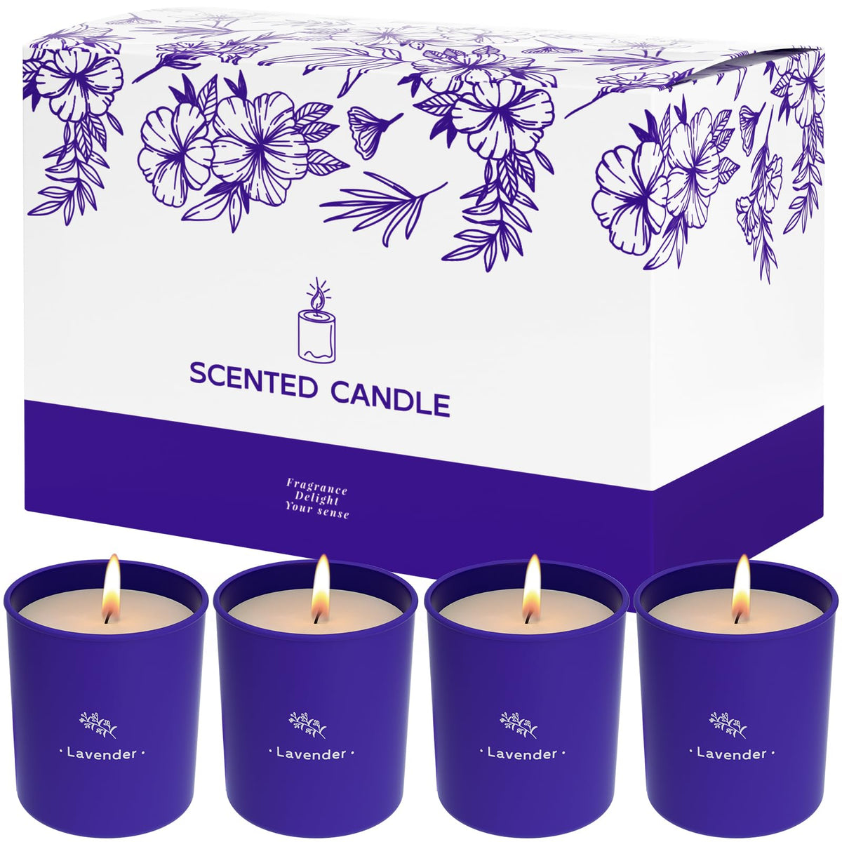 Bougie TranquilBliss Lavande dans verre violet, parfum durable pour maison
