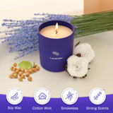 TranquilBliss bougie lavande, verre violet, combustion homogène et sans fumée