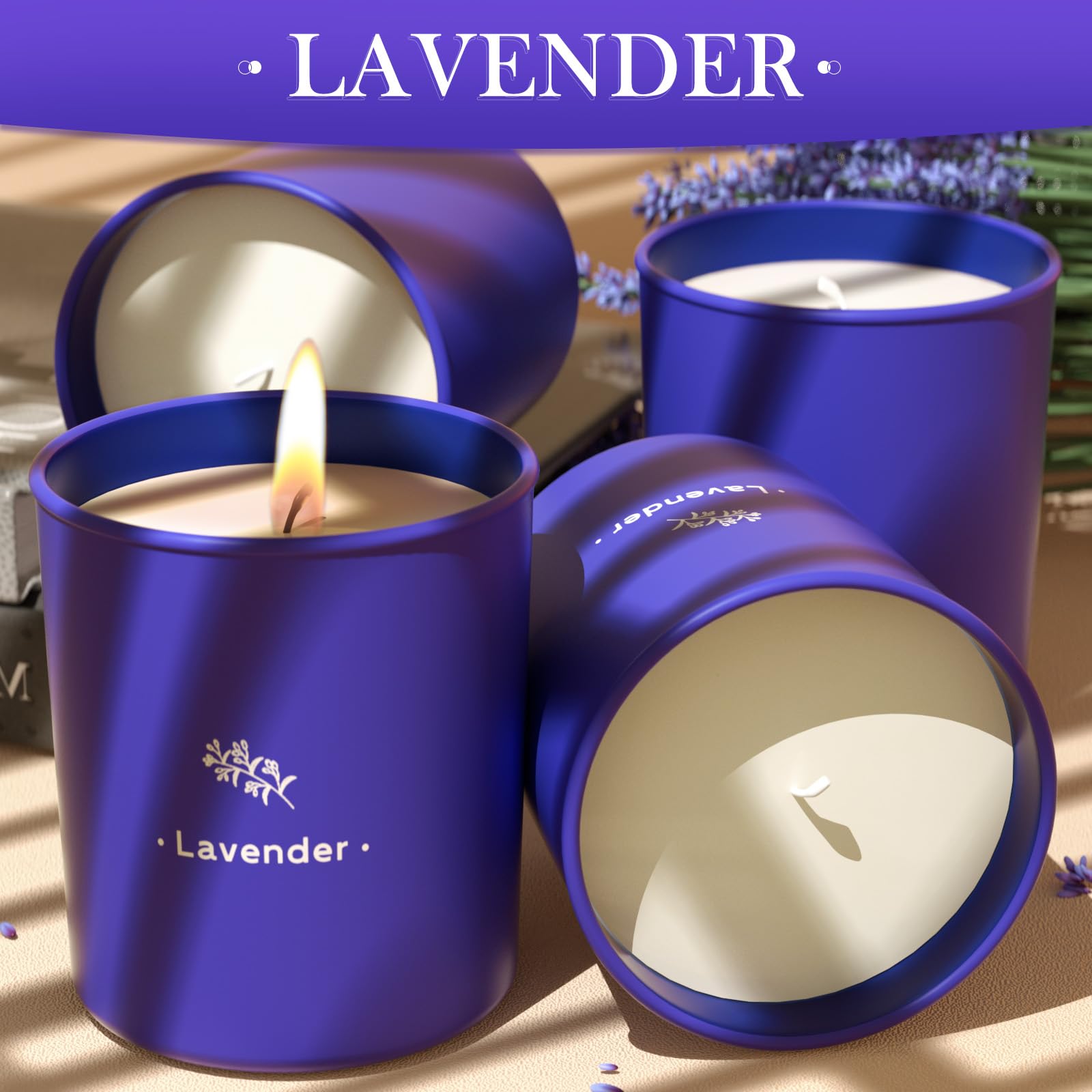 Bougie lavande TranquilBliss dans verre violet, ambiance apaisante et longue durée
