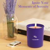 Bougie longue durée TranquilBliss lavande, verre violet, cadeau élégant