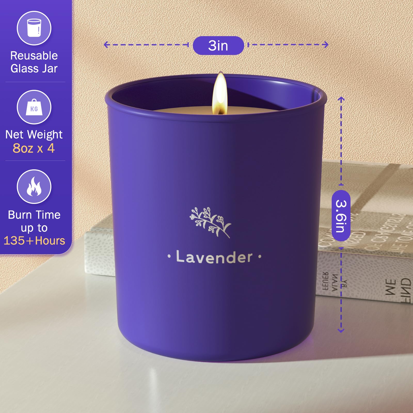 Bougie parfum lavande TranquilBliss, verre violet, éclairage chaleureux
