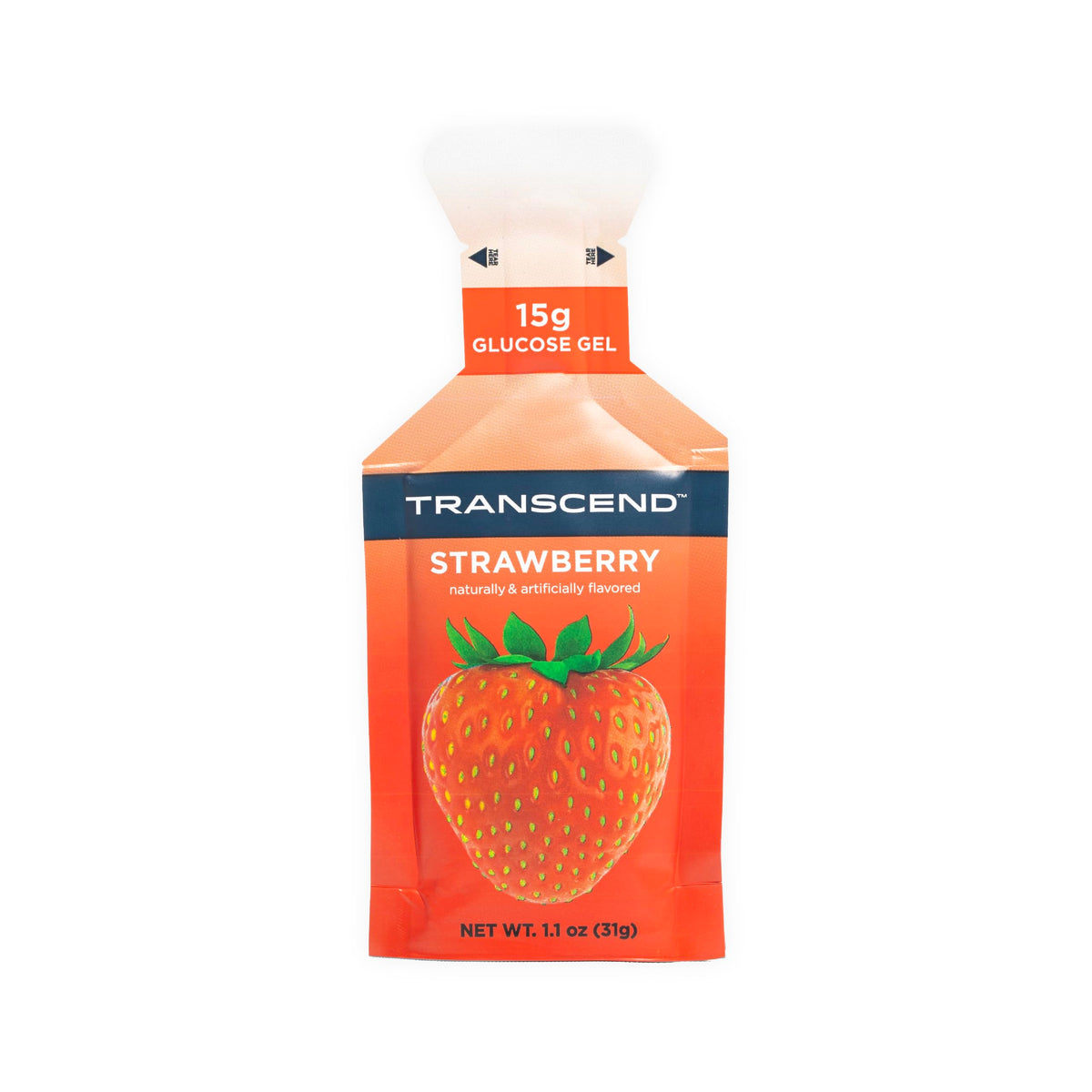 Transcend Gel Énergie Fraise – bouteille ouverte, récupération rapide après l'effort.