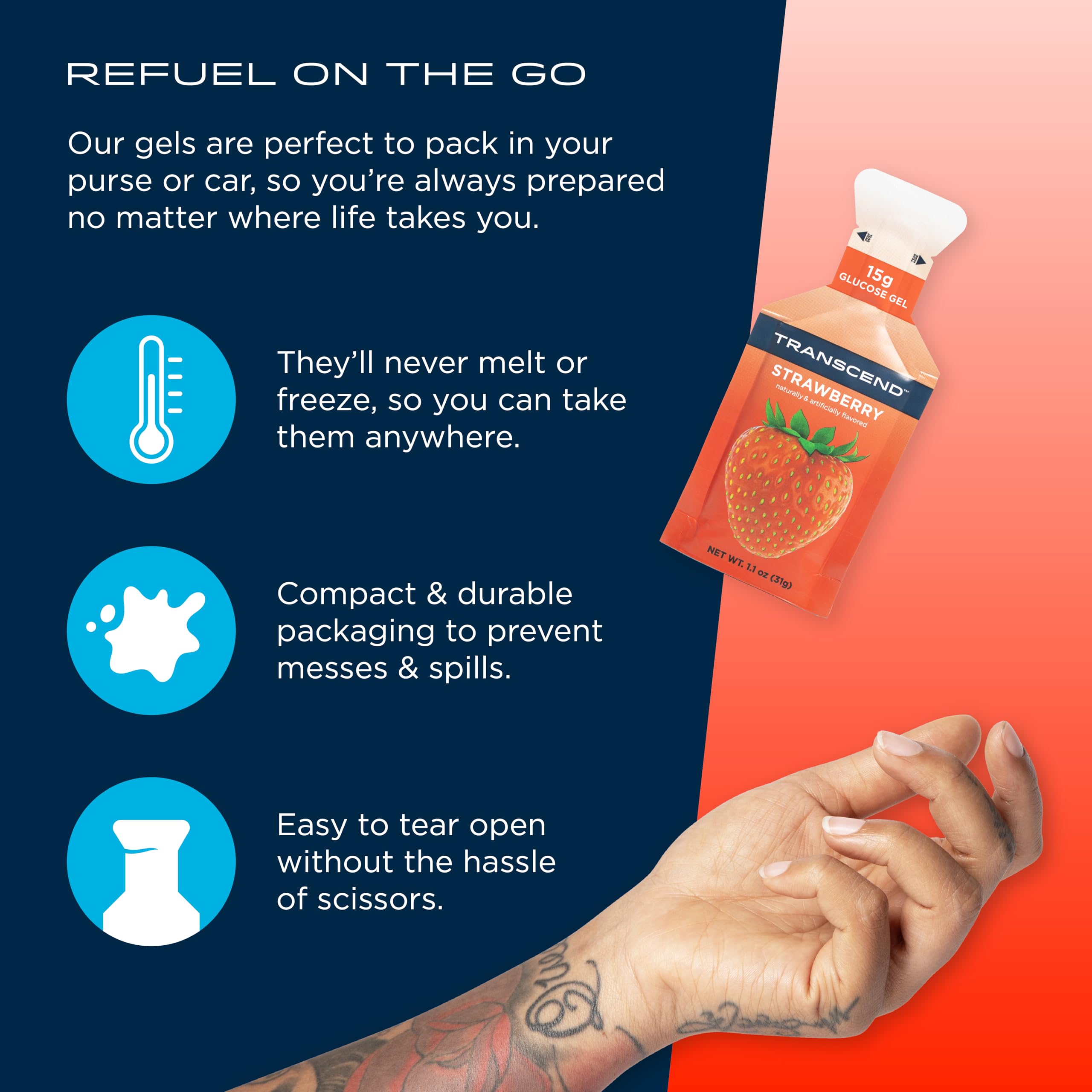 Transcend Gel Énergie Fraise – couleur fraise vive, idéale pour booster l'énergie.