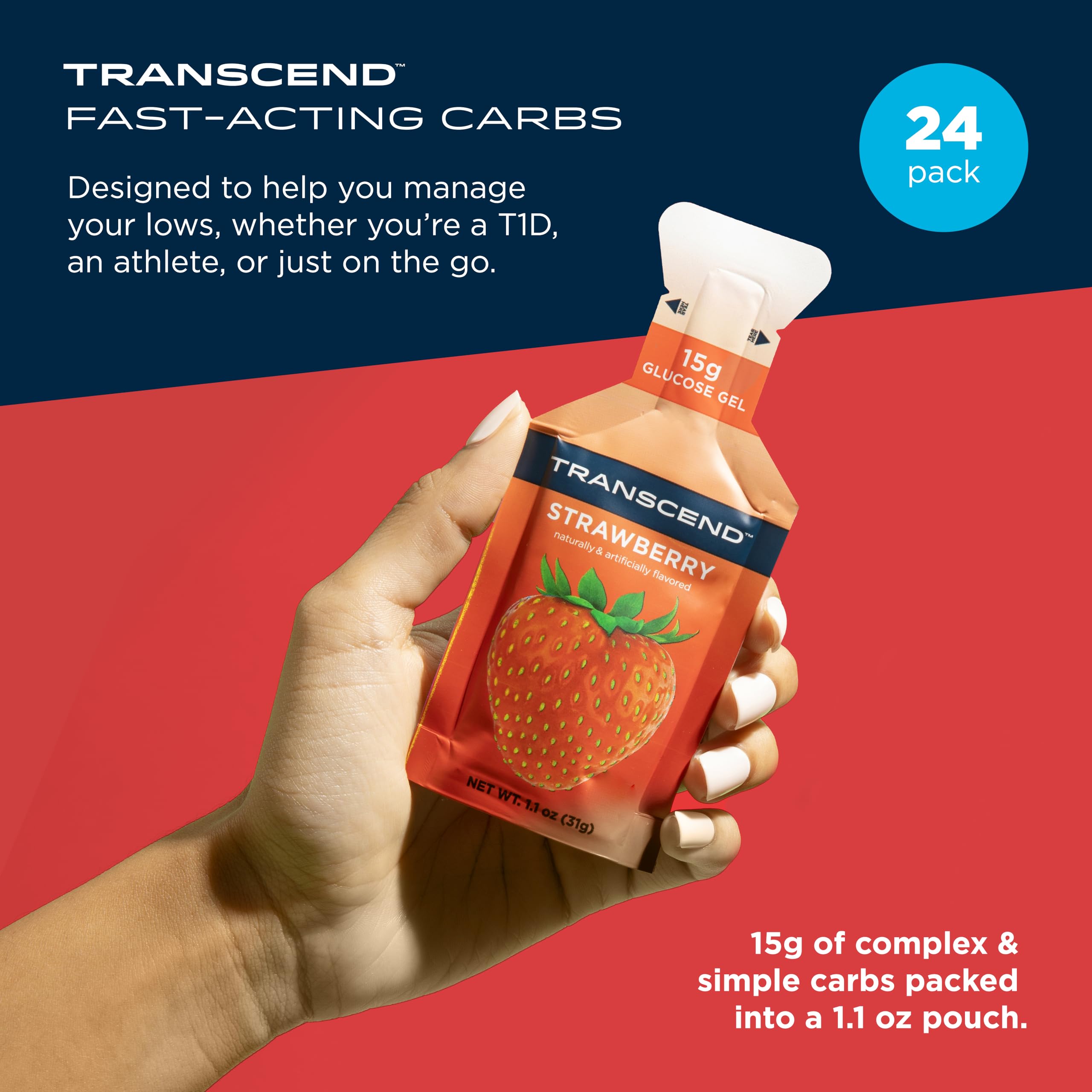 Transcend Gel Énergie Fraise – dose 1,1 oz, pratique en déplacement.