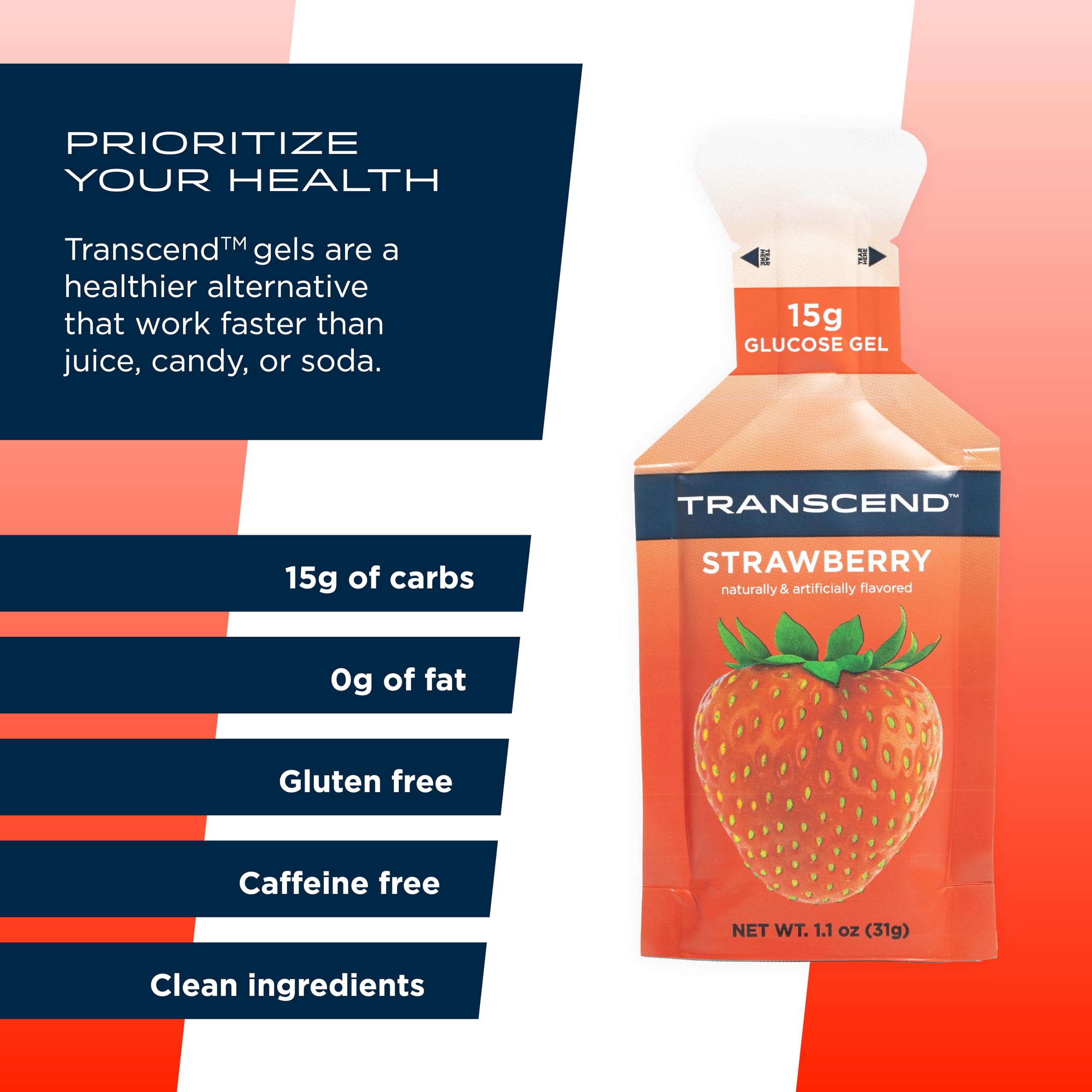 Transcend Gel Énergie Fraise – emballage de 24 sachets faciles à transporter.