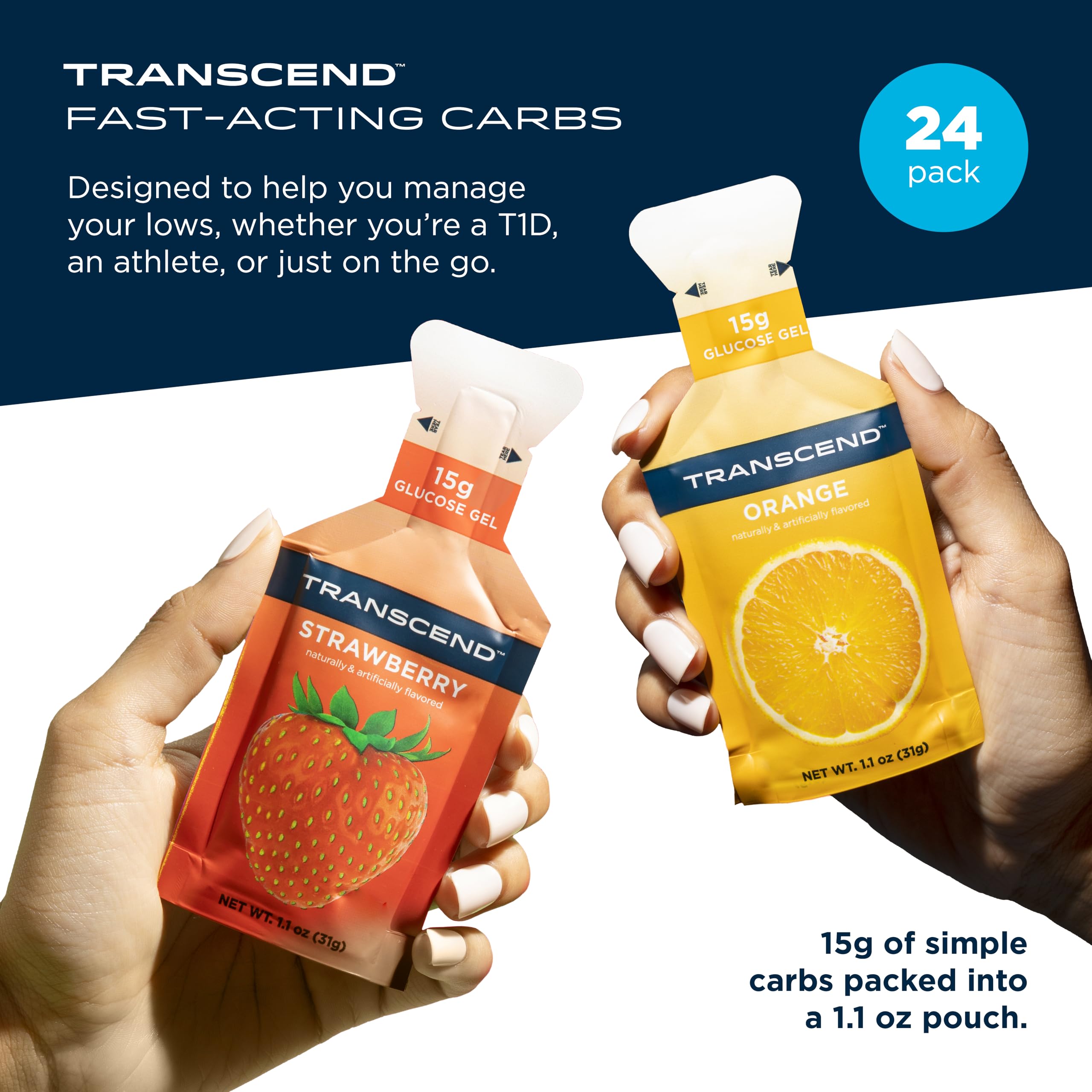 Gels Transcend boîte compacte fraise-orange, énergie rapide en déplacement.
