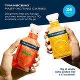 Gels Transcend boîte compacte fraise-orange, énergie rapide en déplacement.