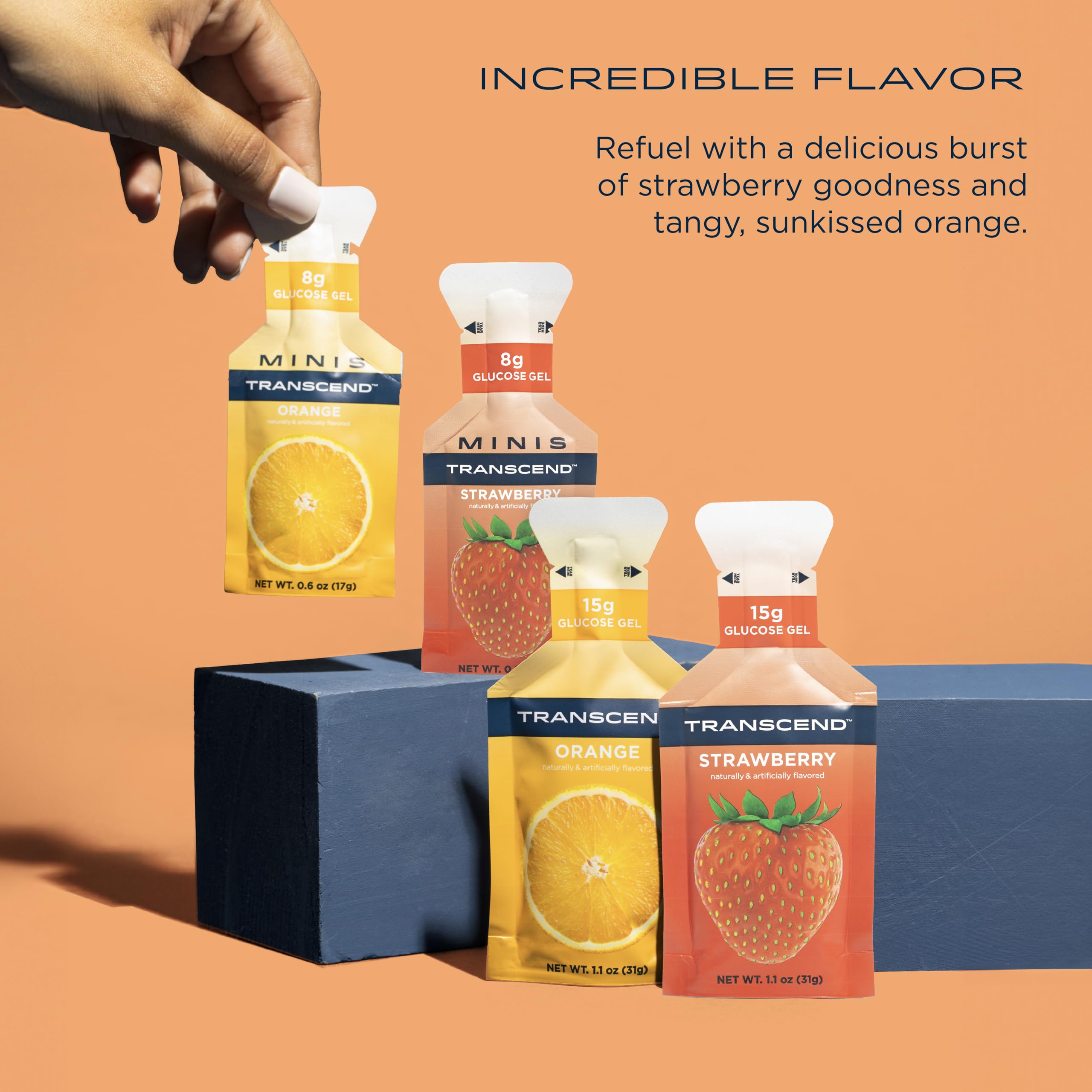 Sachet individuel Transcend fraise-orange pour séances d’entraînement.