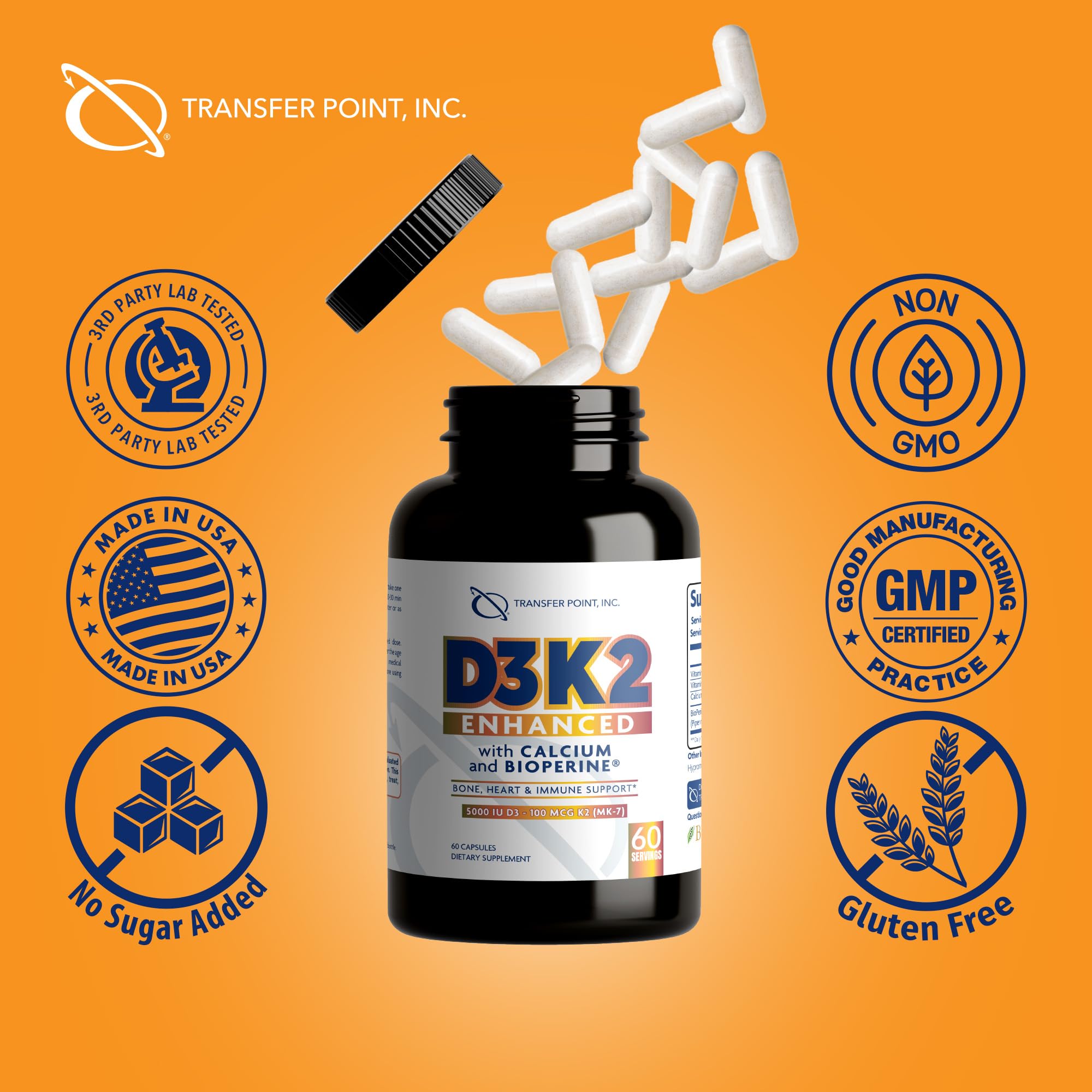 Transfer Point D3K2 absorption optimisée grâce au BioPerine et calcium.