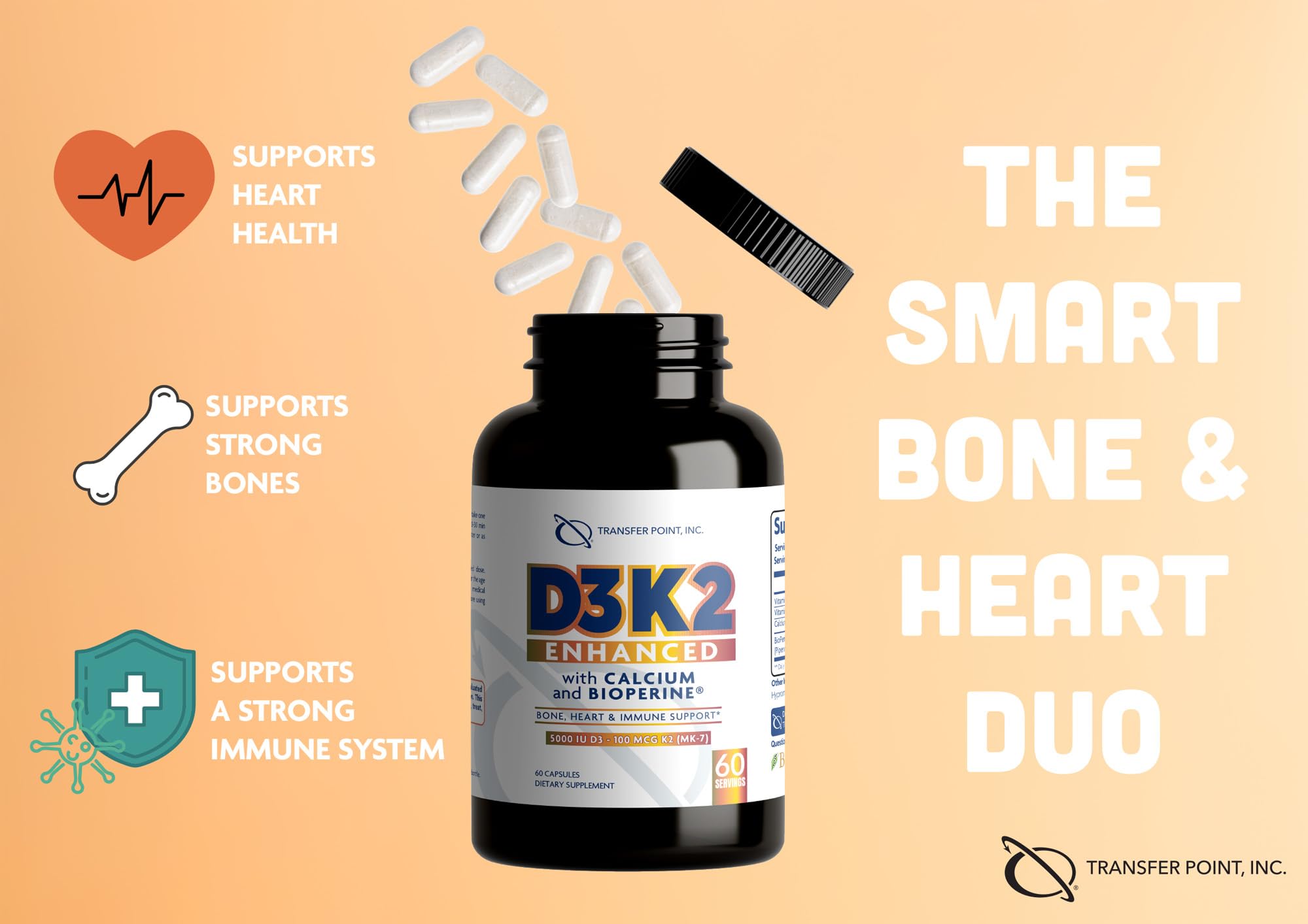 Transfer Point D3K2 avec BioPerine favorise l’absorption des nutriments pour une utilisation efficace.