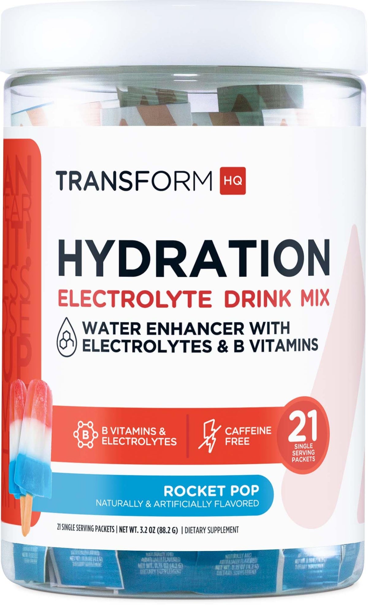 TransformHQ boîte Rocket Pop montrant l'hydratation pratique en déplacement.