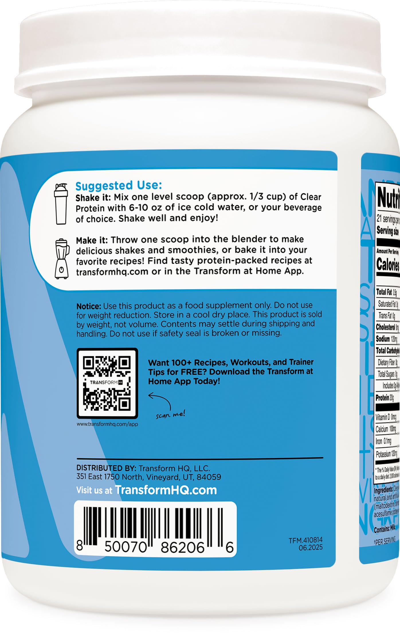 TransformHQ Clear Whey Isolate Rocket Pop poudre prête à être mélangée.