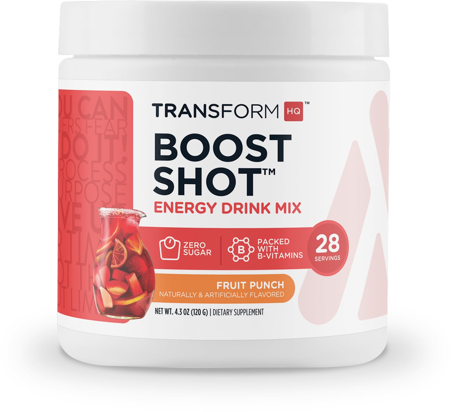 TransformHQ Energy et Focus Poudre Fruit Punch prête à mélanger pour un boost durable.