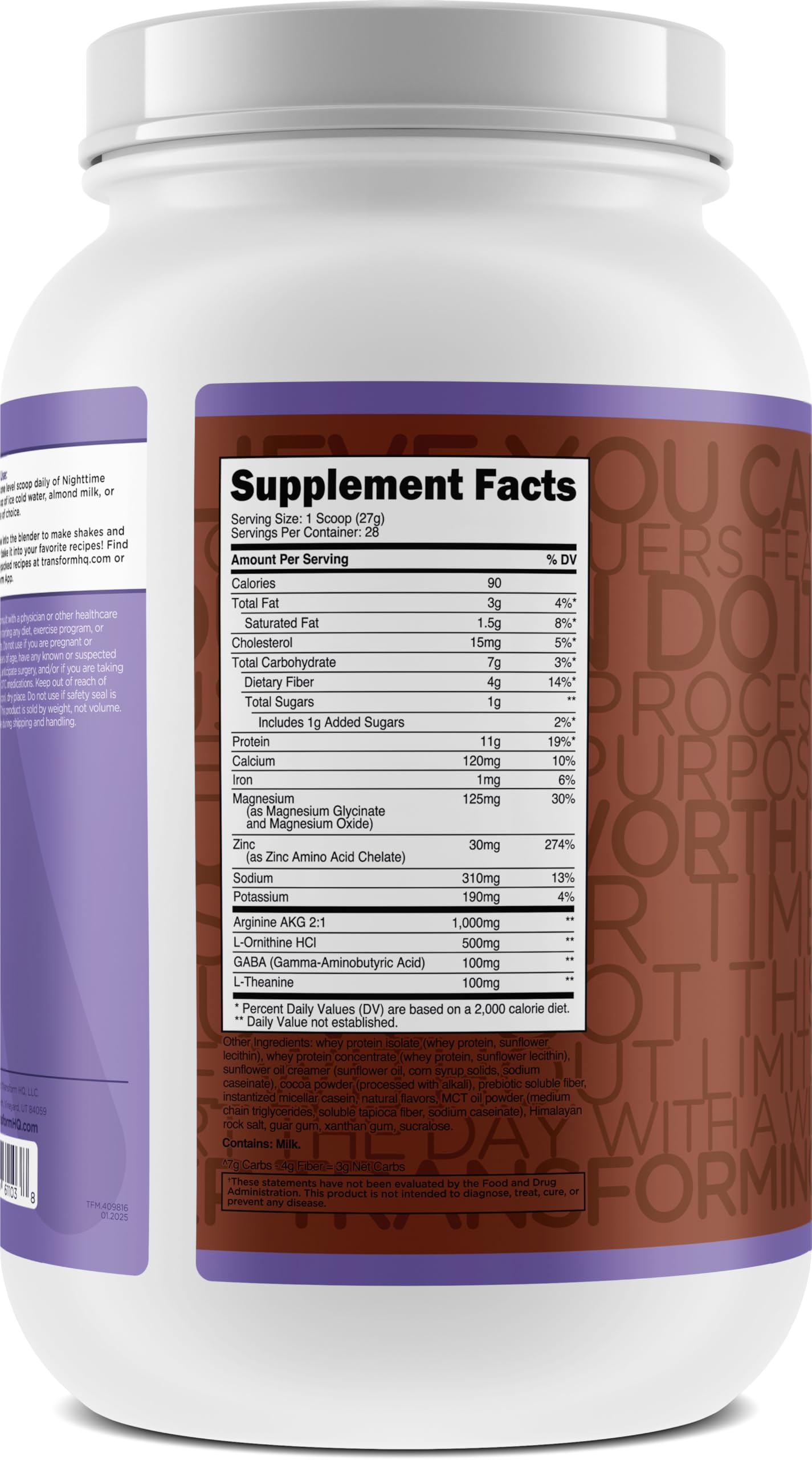 TransformHQ étiquette nutrition affichant 11 g protéines et 3 g glucides nets.