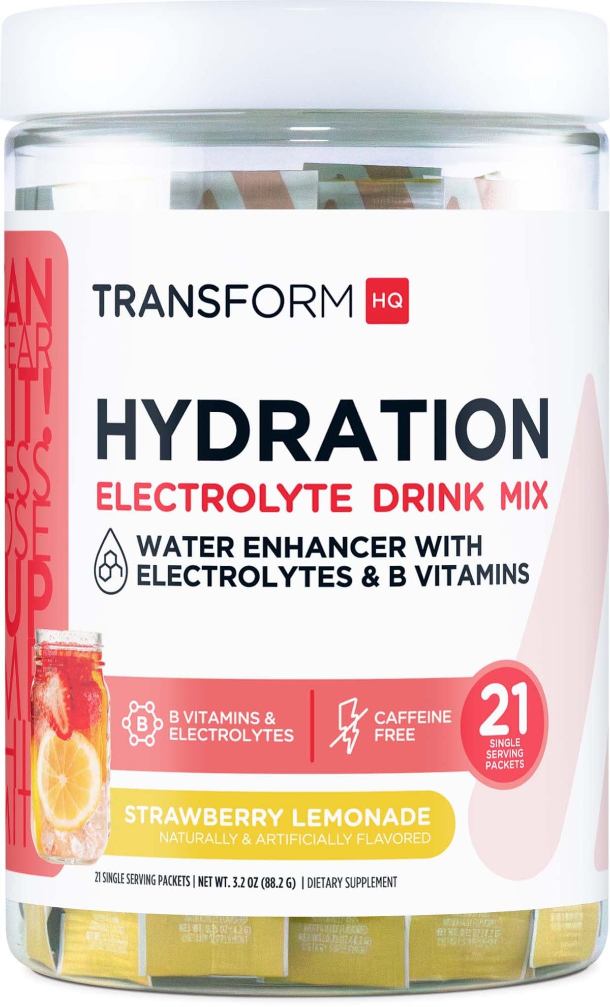 Boîte TransformHQ Hydration avec sachets, pratique pour hydratation en déplacement.