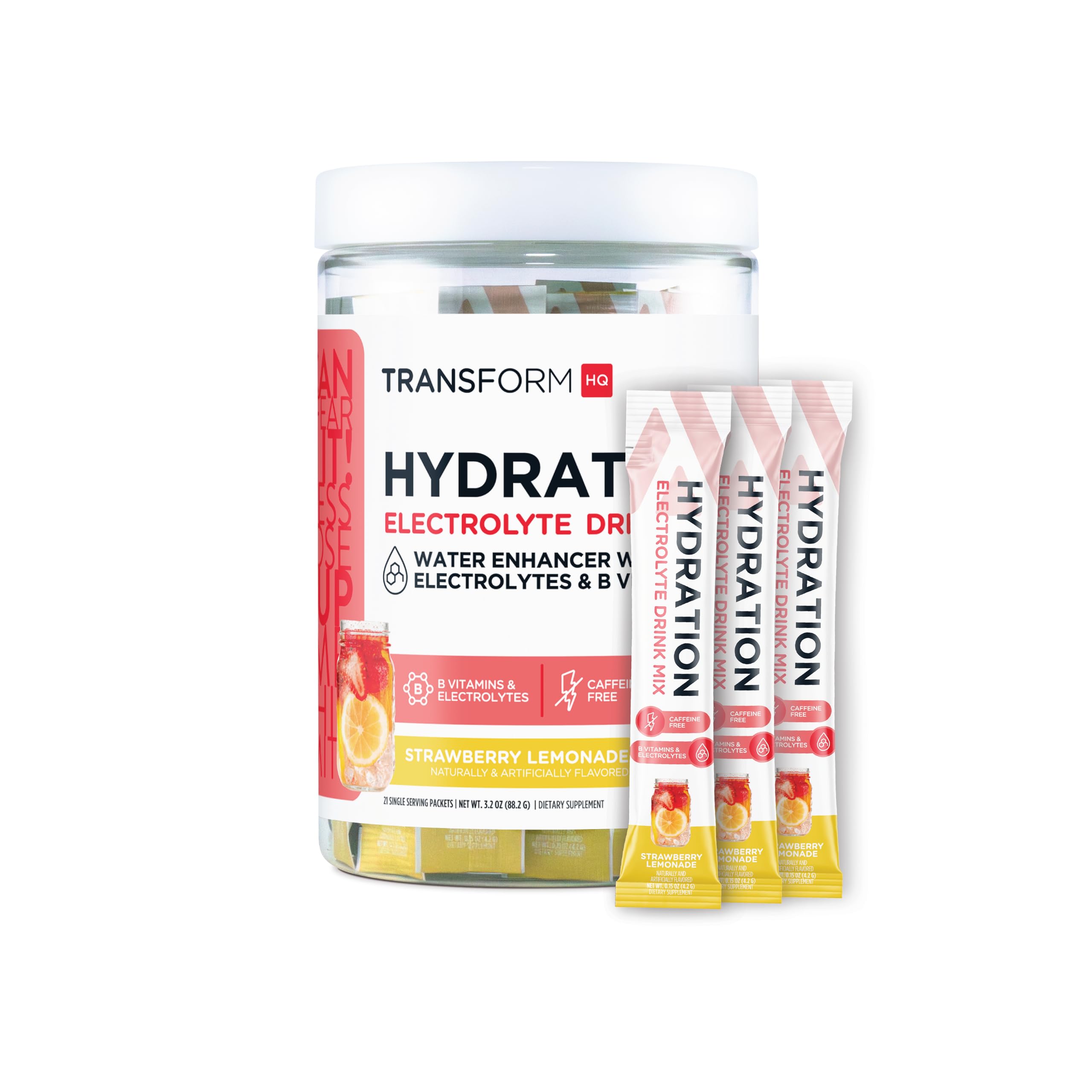 Sachets TransformHQ Hydration 21-pack, faciles à emporter pour hydratation rapide.